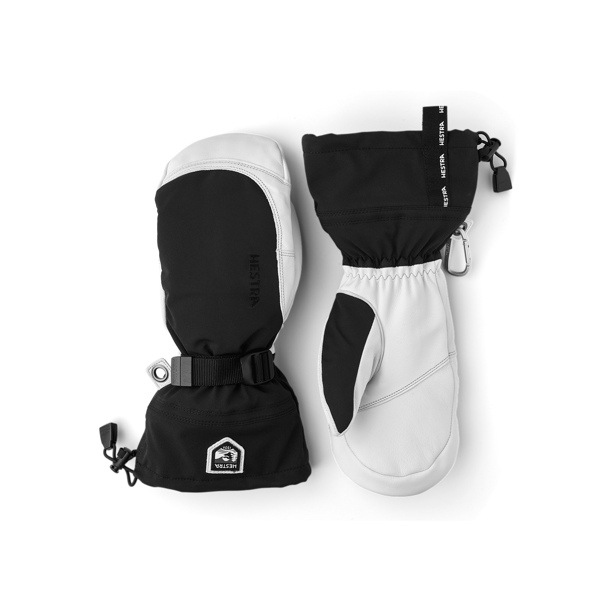 Black mitten with white goat leather palm and wrist adjustment