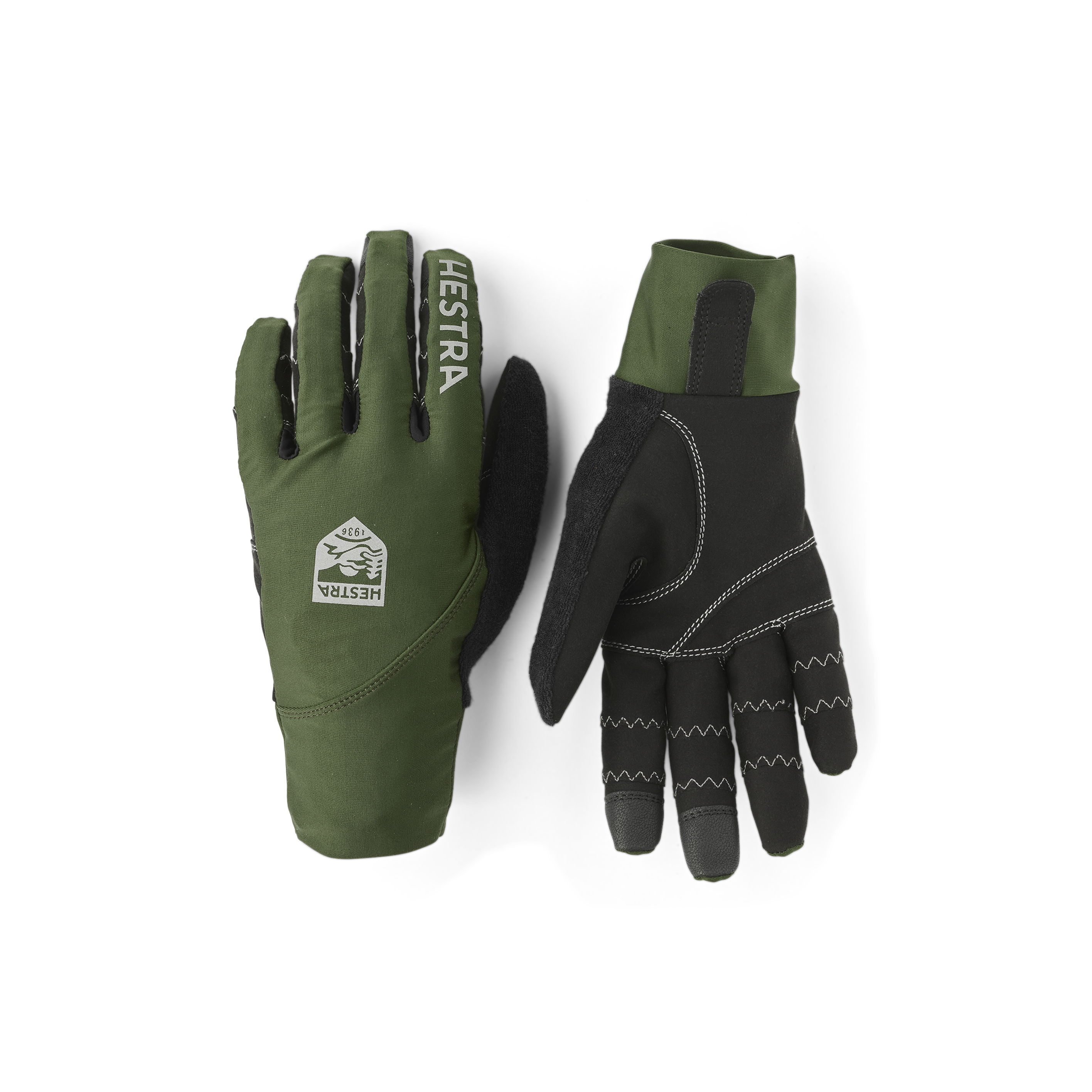 Moss green cycling glove with lycra back and black synthetic suede palm