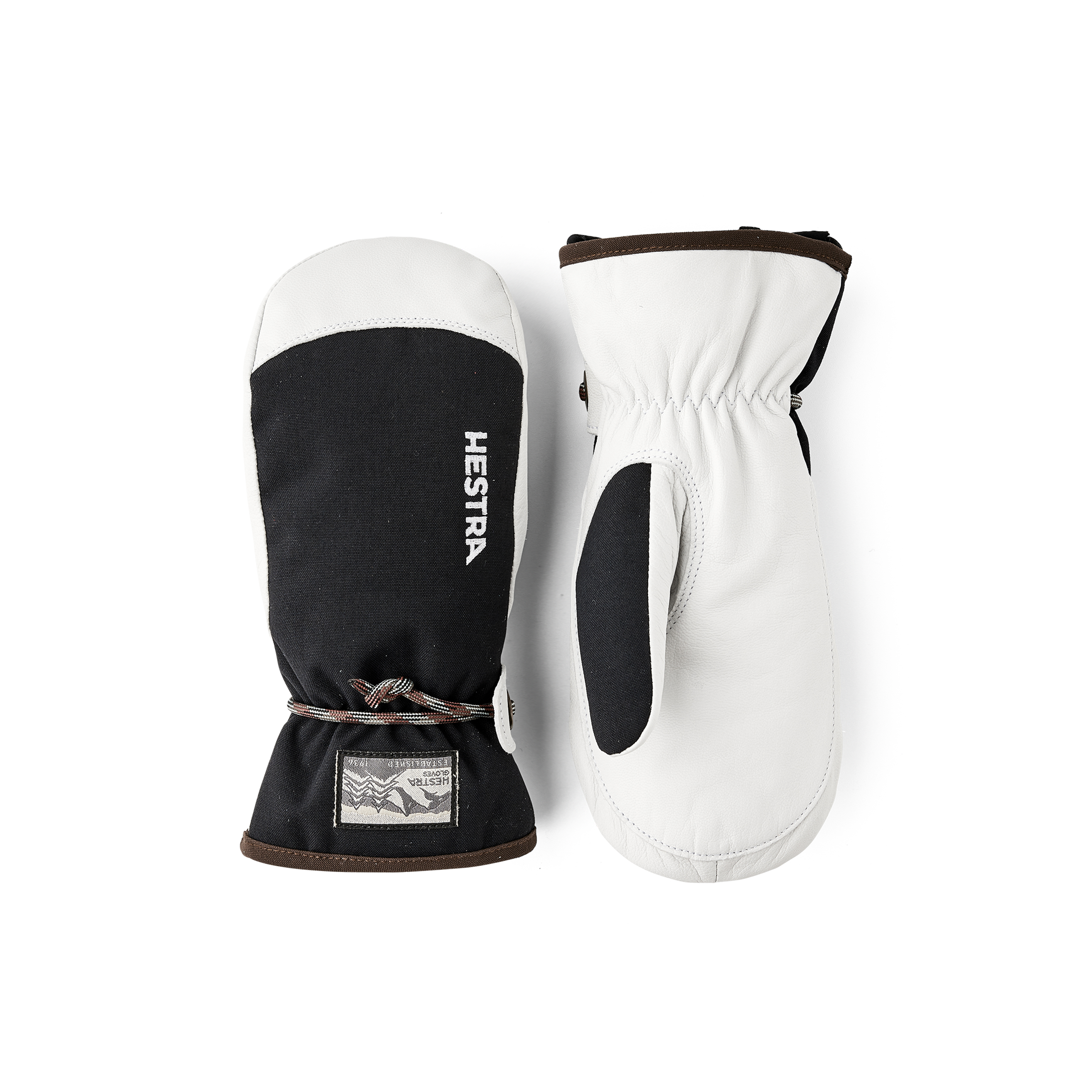 Black mitten with white goat leather palm and wrist strap