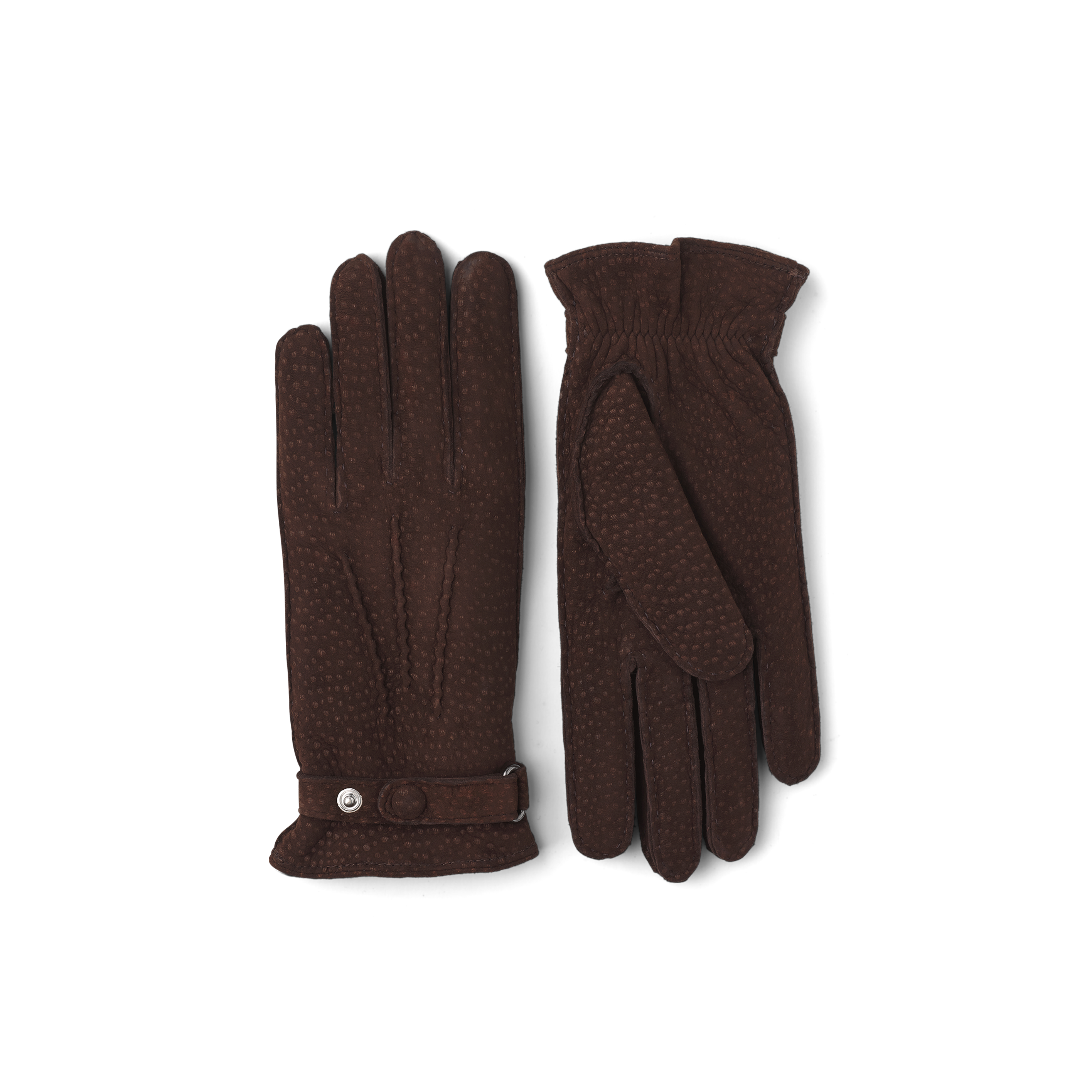 Brown hand-sewn glove in carpincho nubuck with leather strap and button