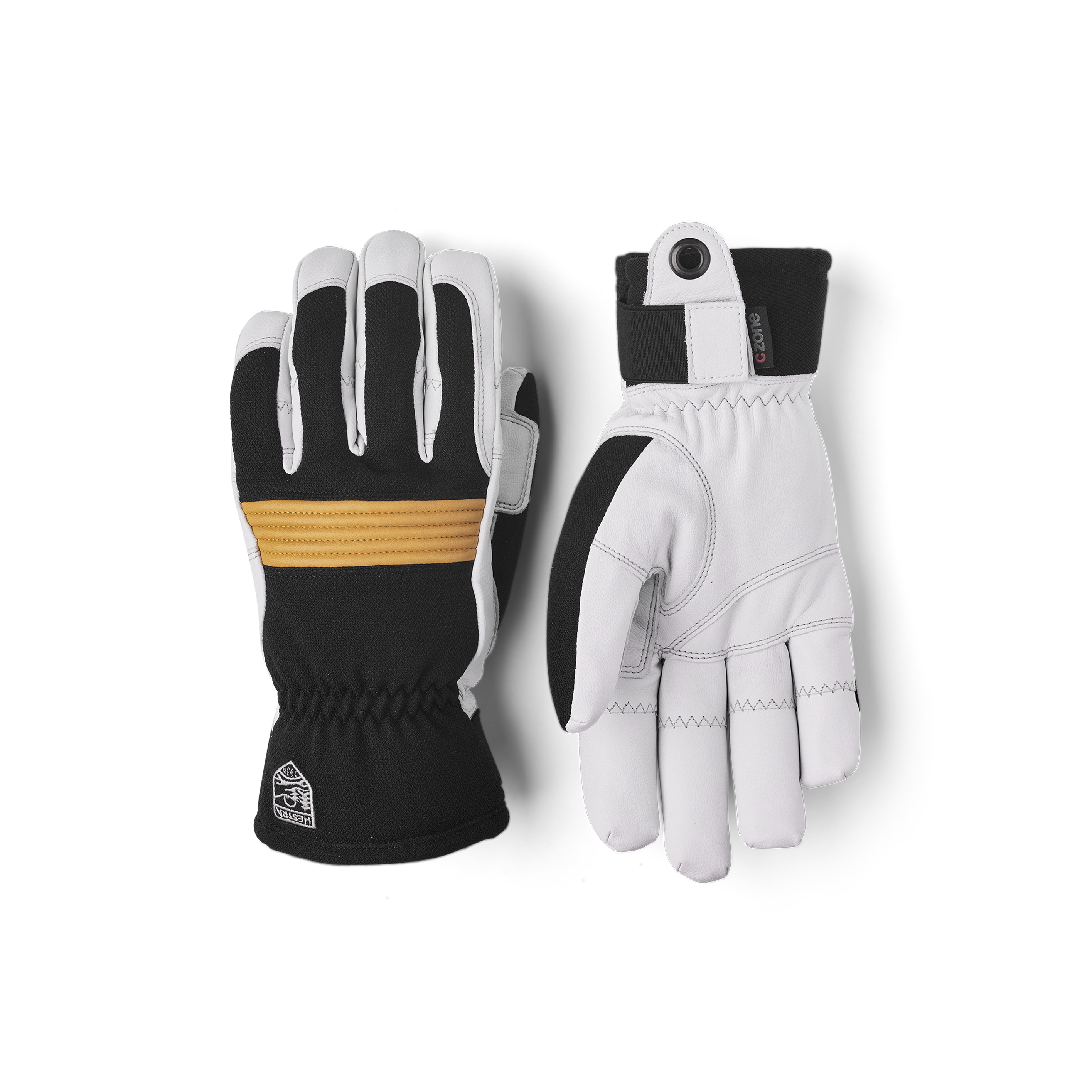 Black cow hide ski glove with white goat leather palm