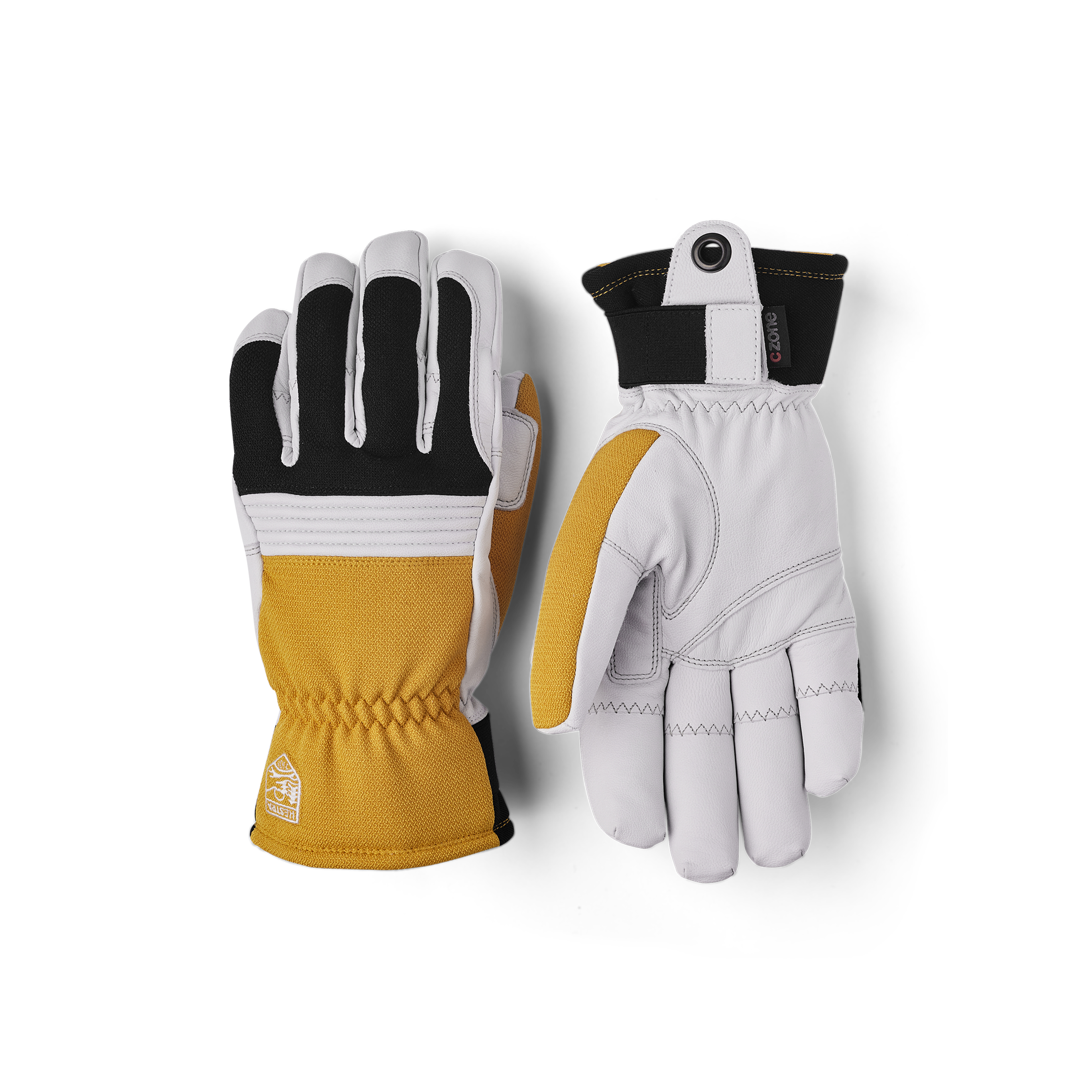 Yellow cow hide ski glove with white goat leather palm