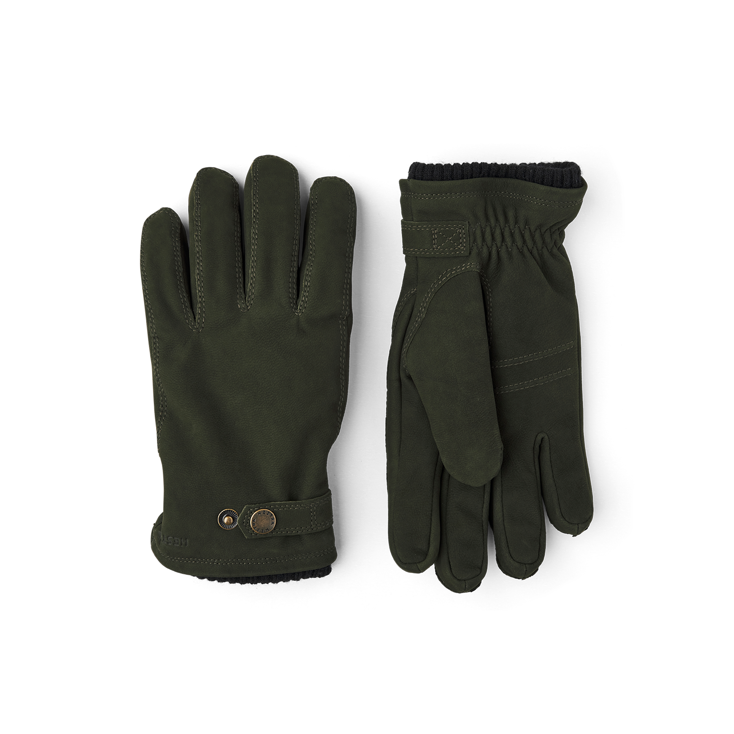 Dark green machine-sewn goat nubuck glove with leather strap and button