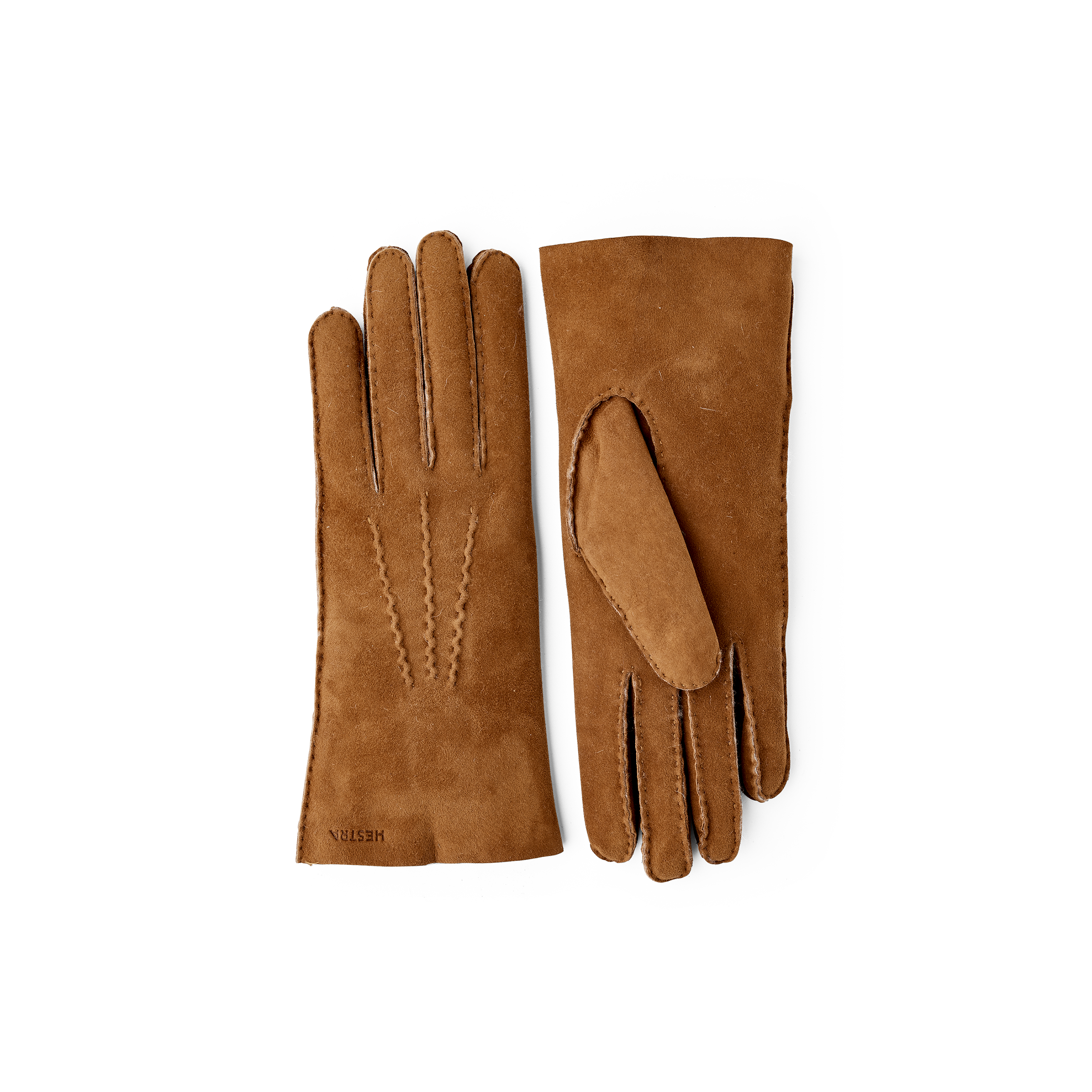 Light brownish-yellow hand-sewn fur suede glove