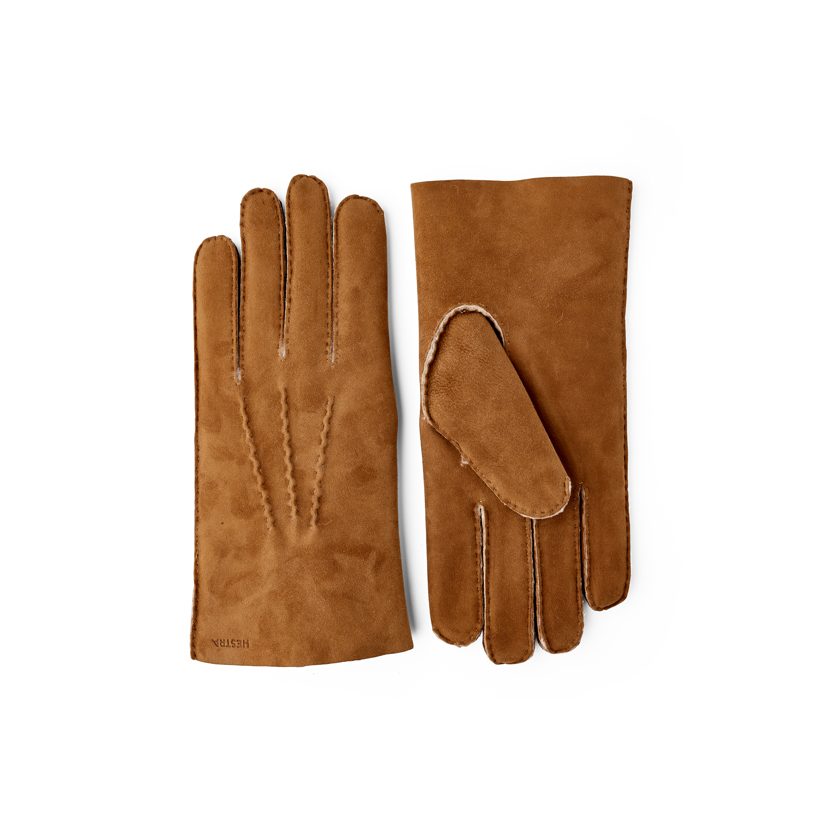 Light brownish-yellow hand-sewn fur suede glove