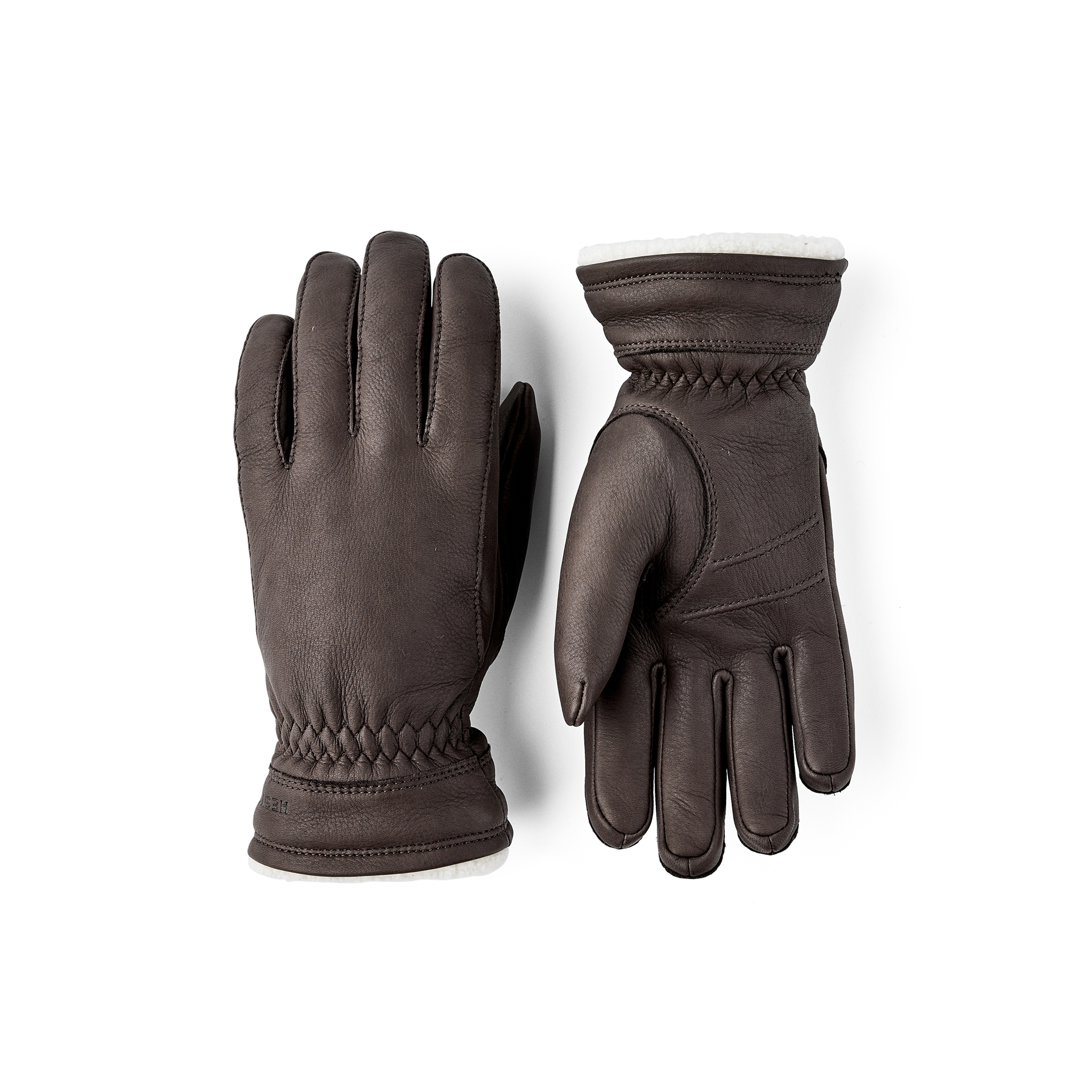 Dark brown machine-sewn deerskin glove with white trim