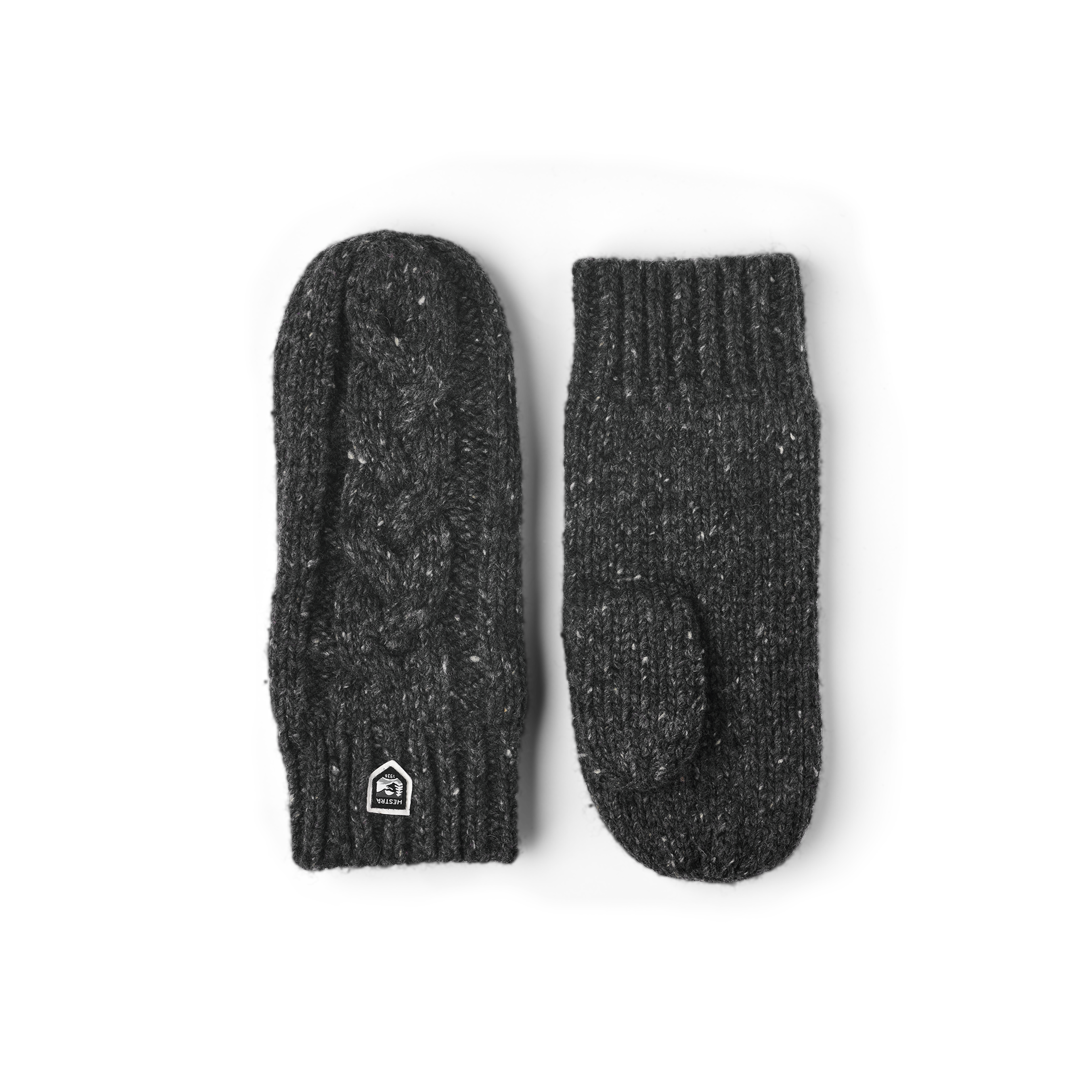 Dark gray knitted mitten in mottled merino wool