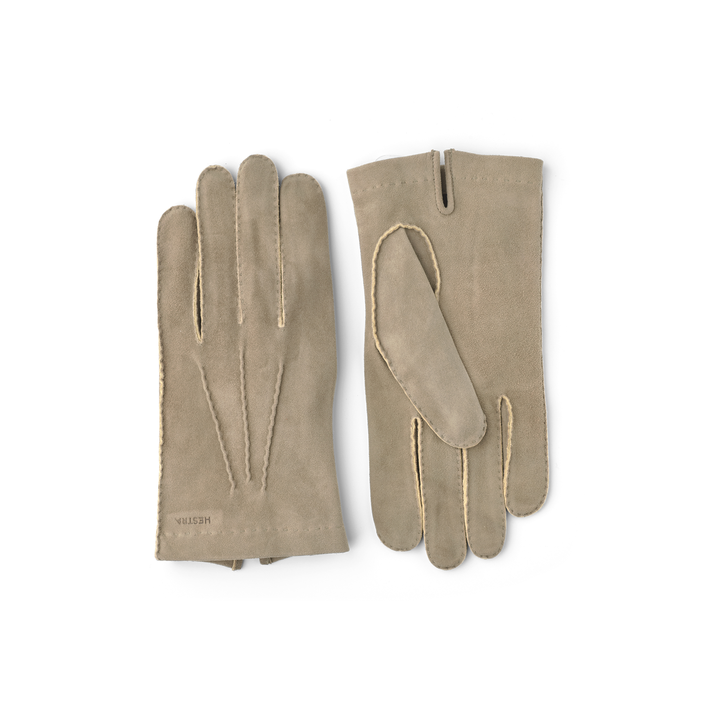 Light gray hand-sewn suede glove