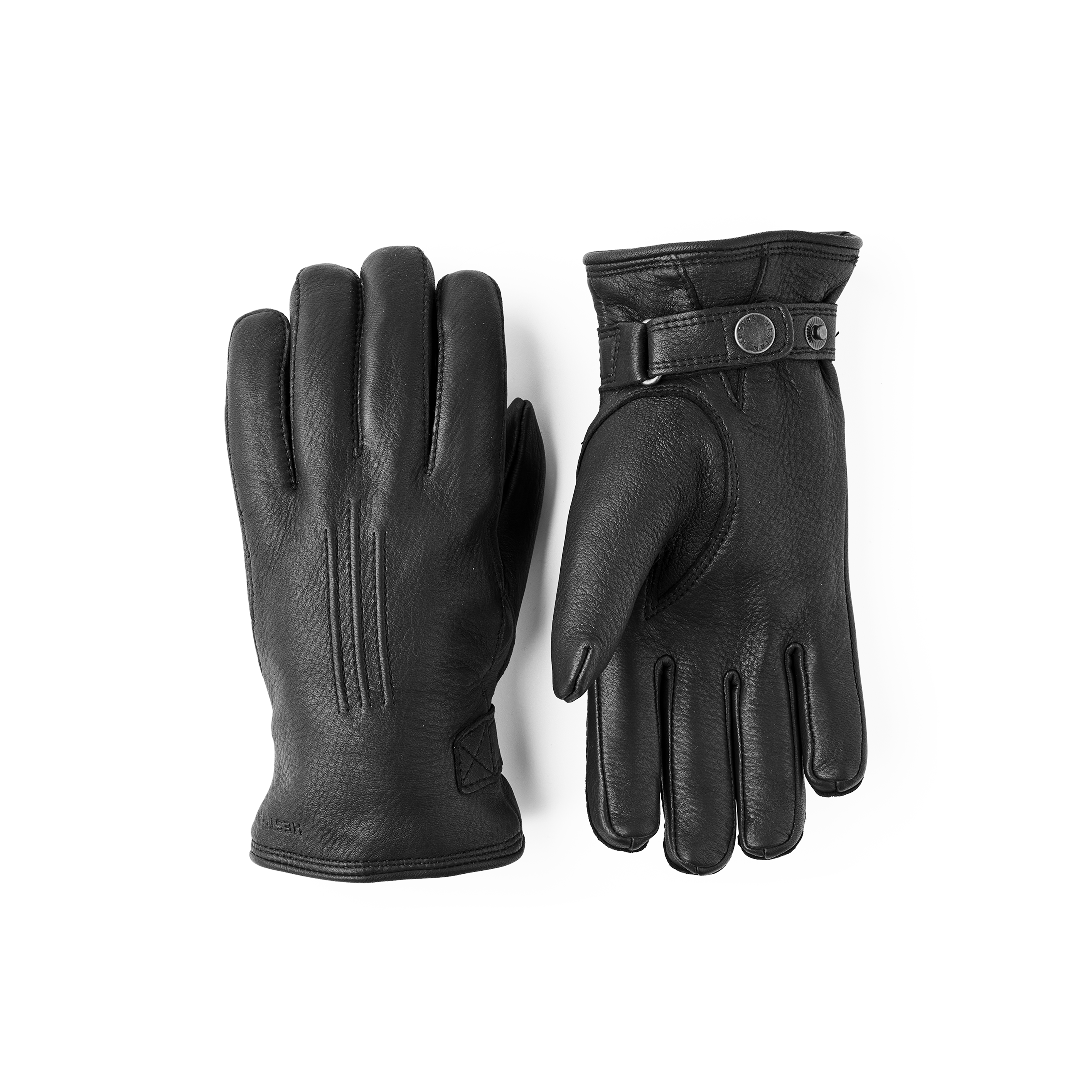 Black machine-sewn deerskin glove with leather strap and button