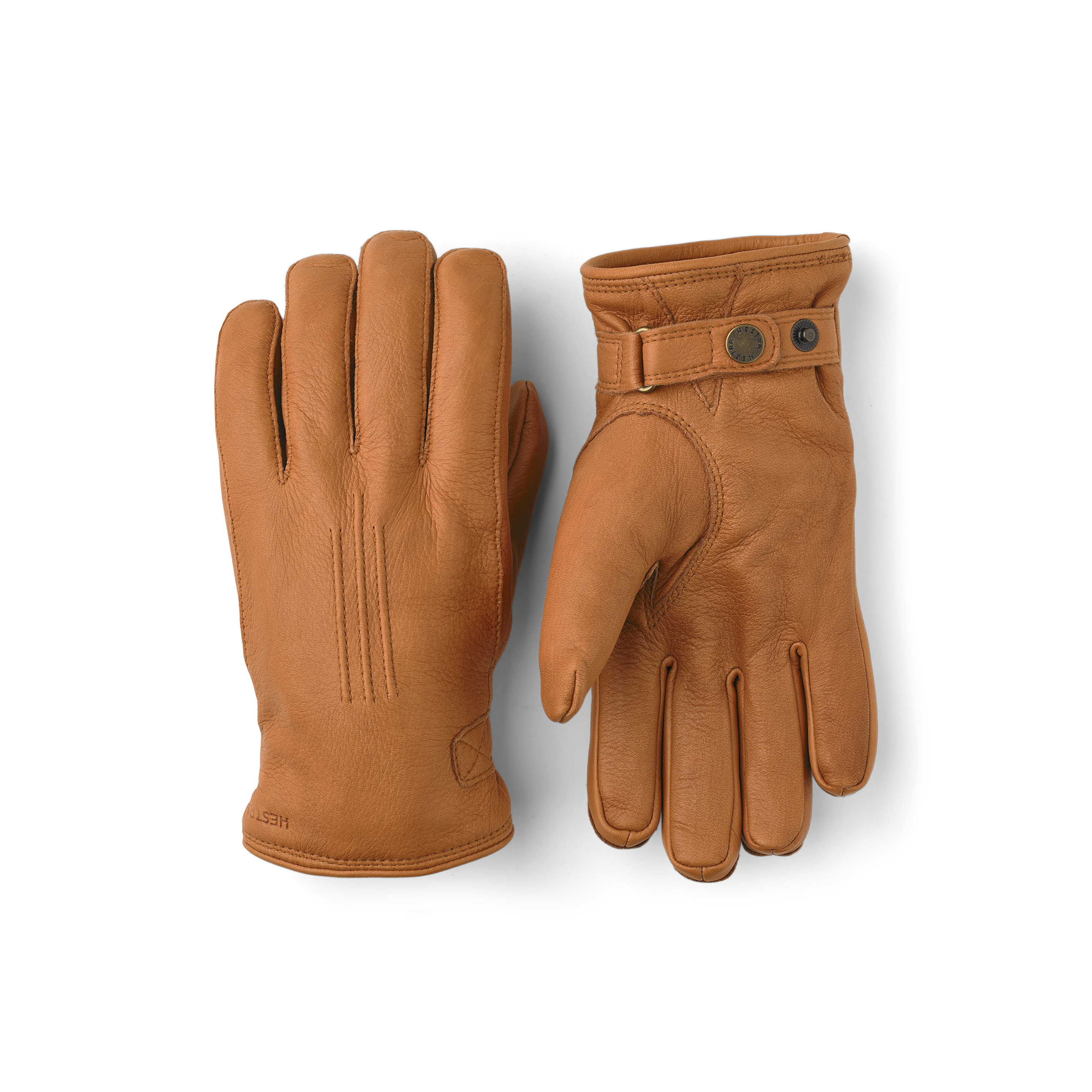 Light brown machine-sewn deerskin glove with leather strap and button