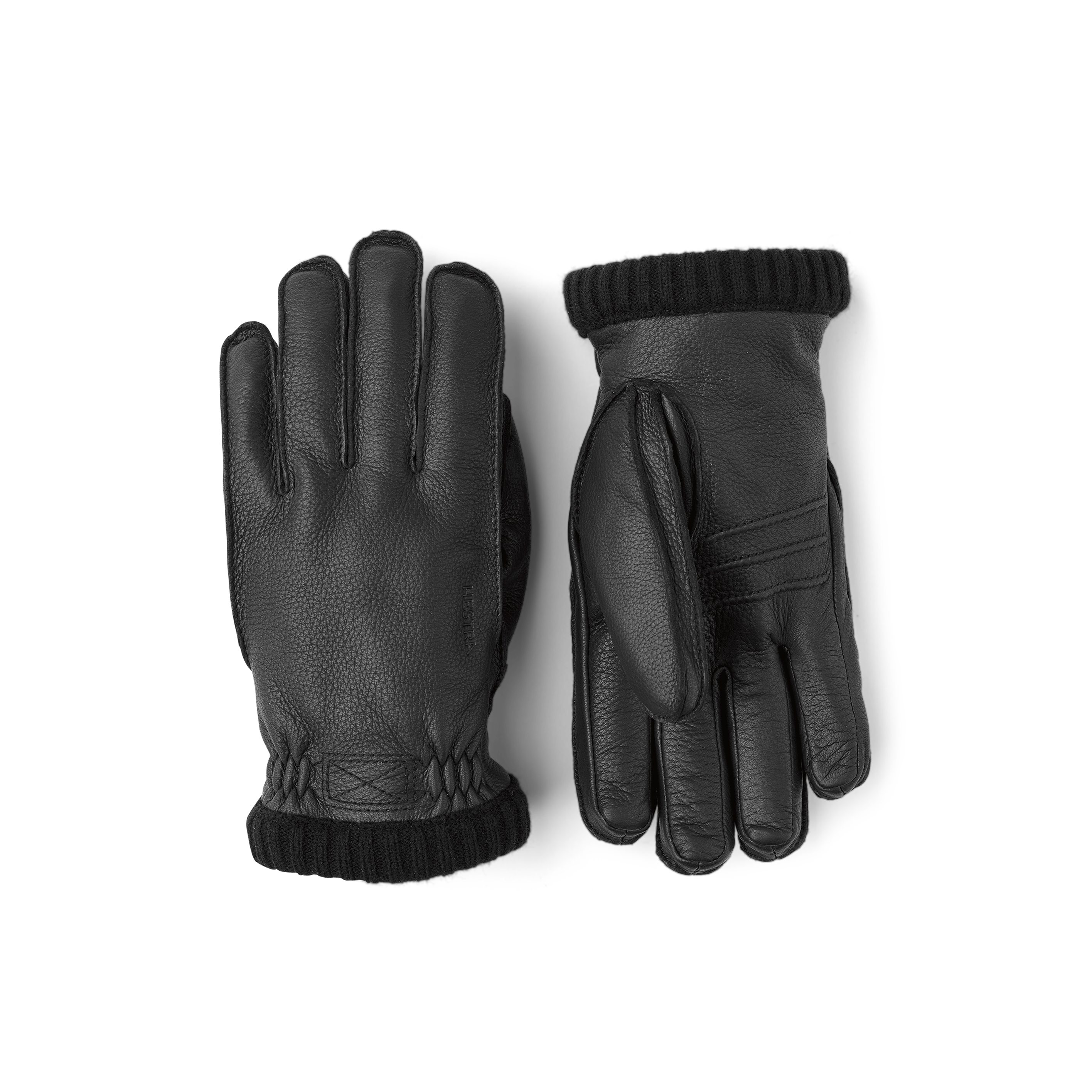 Black machine-sewn deerskin glove with knitted cuff
