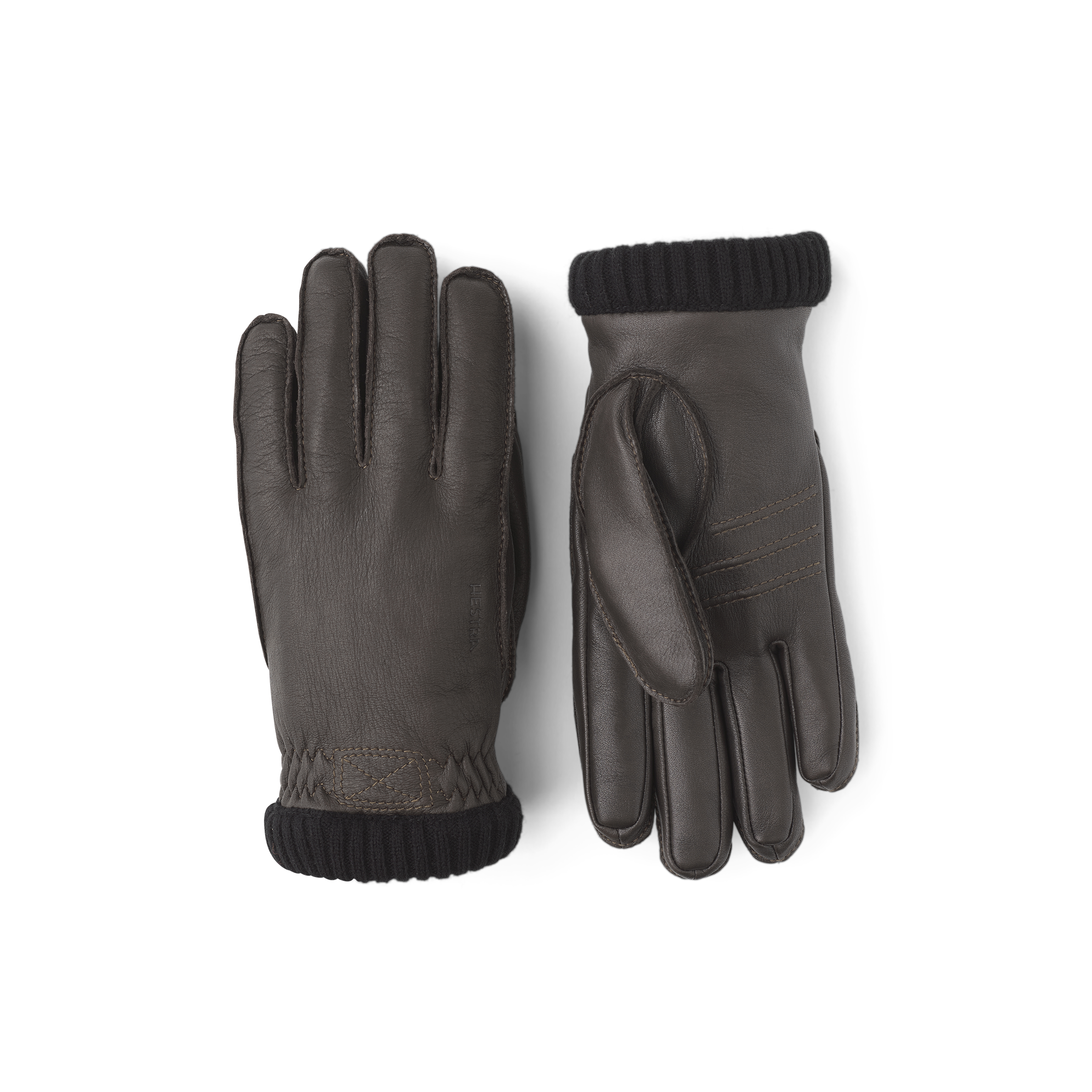 Dark brown machine-sewn deerskin glove with knitted cuff