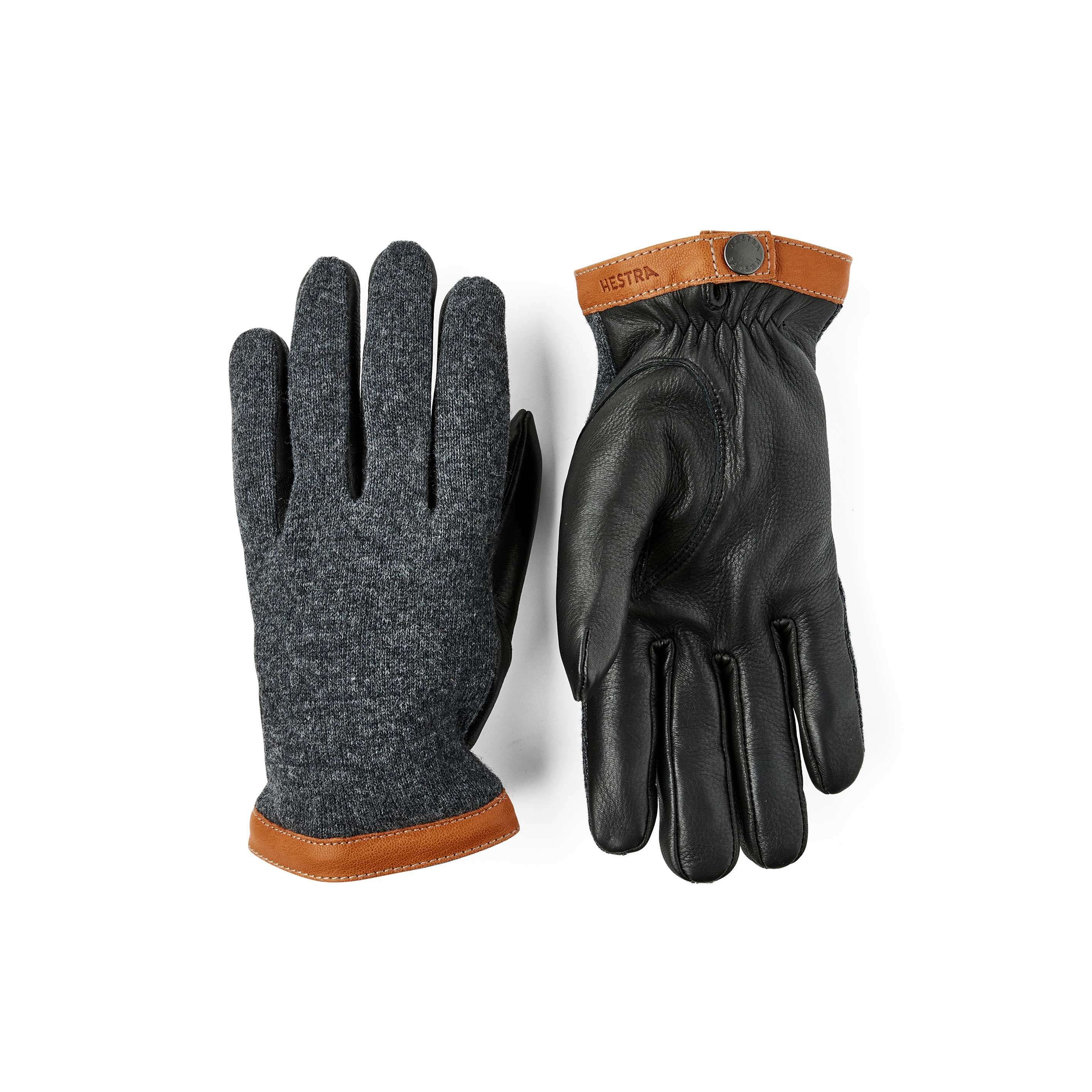 Black machine-sewn deerskin glove with dark gray wool jersey back