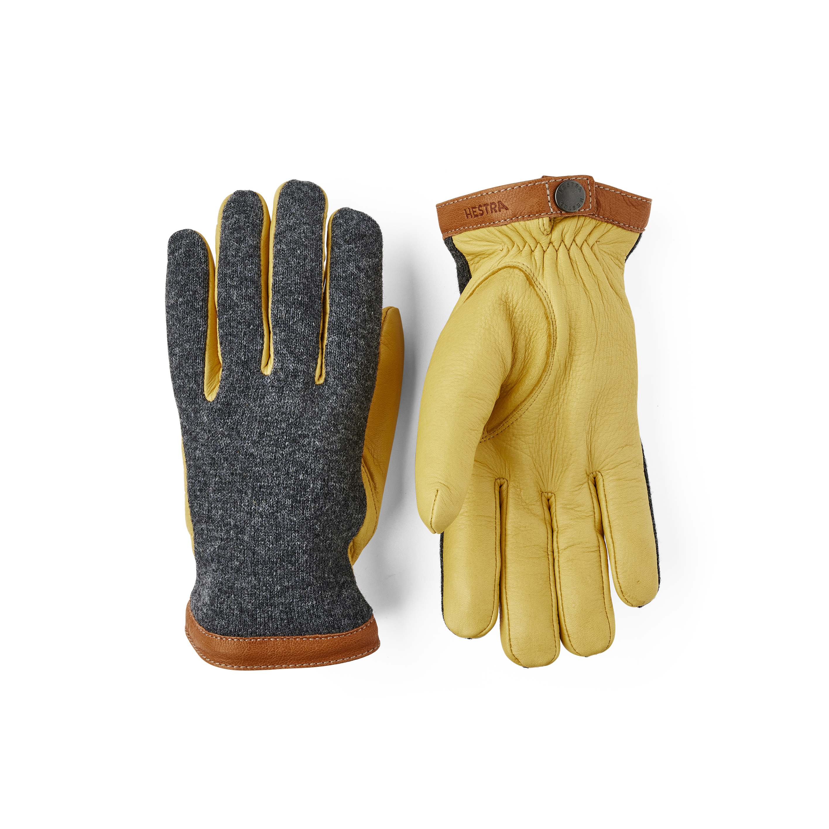 Yellow machine-sewn deerskin glove with dark gray wool jersey back