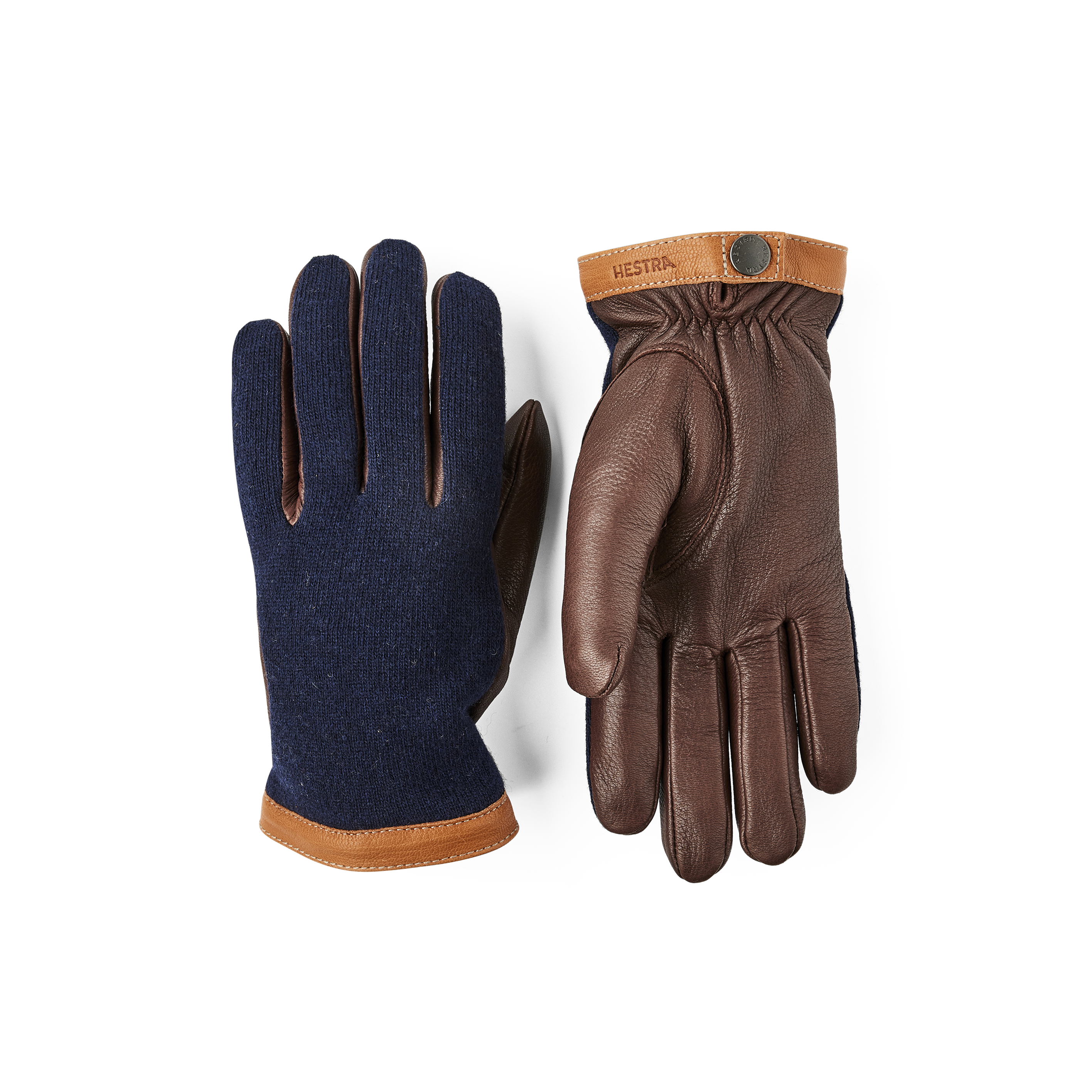 Brown machine-sewn deerskin glove with dark blue wool jersey back