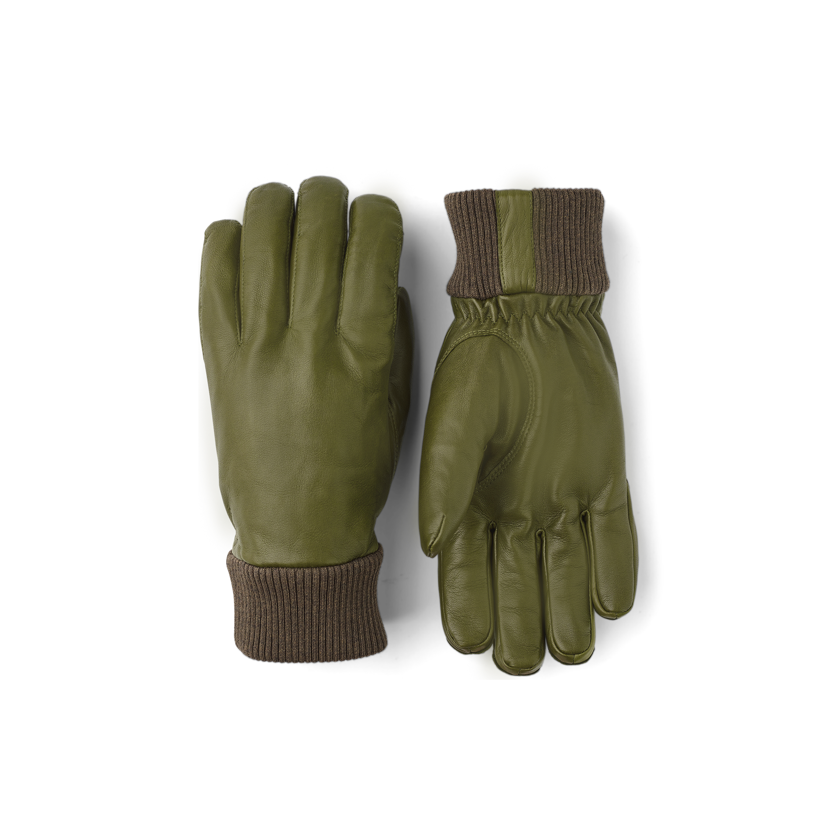Moss green machine-sewn hairsheep leather glove with knitted cuff