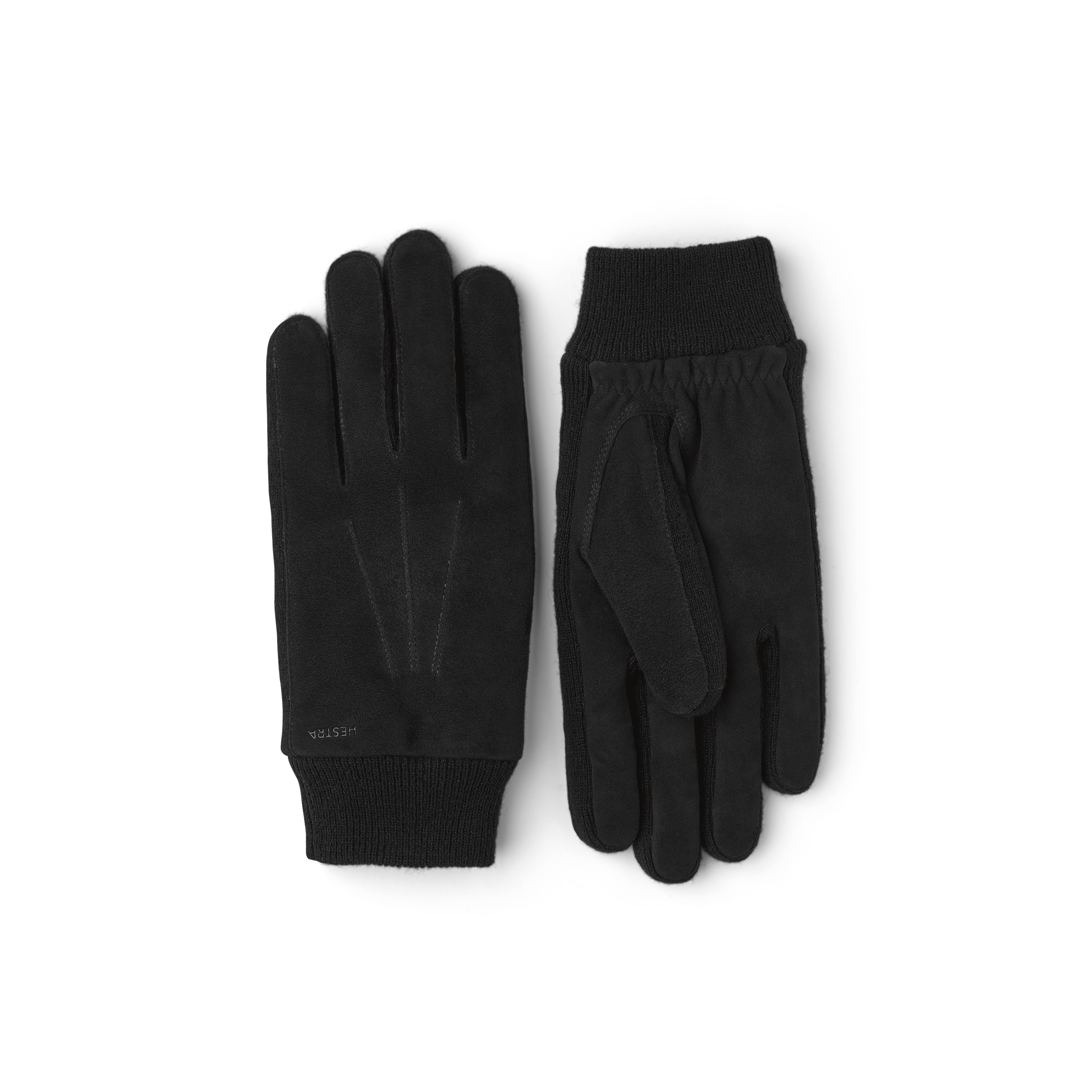 Black machine-sewn suede glove with knitted cuff and sides