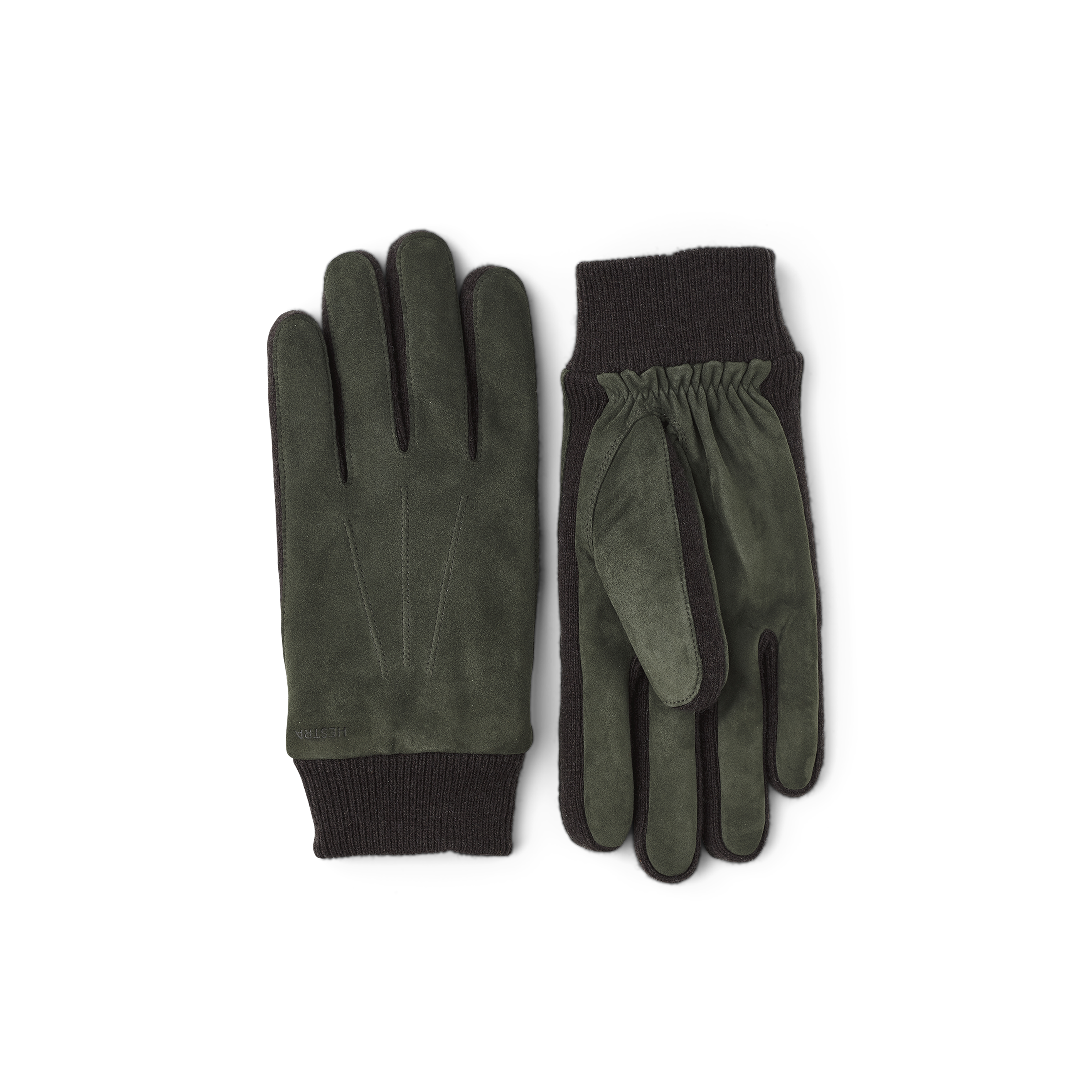 Dark green machine-sewn suede glove with knitted cuff and sides