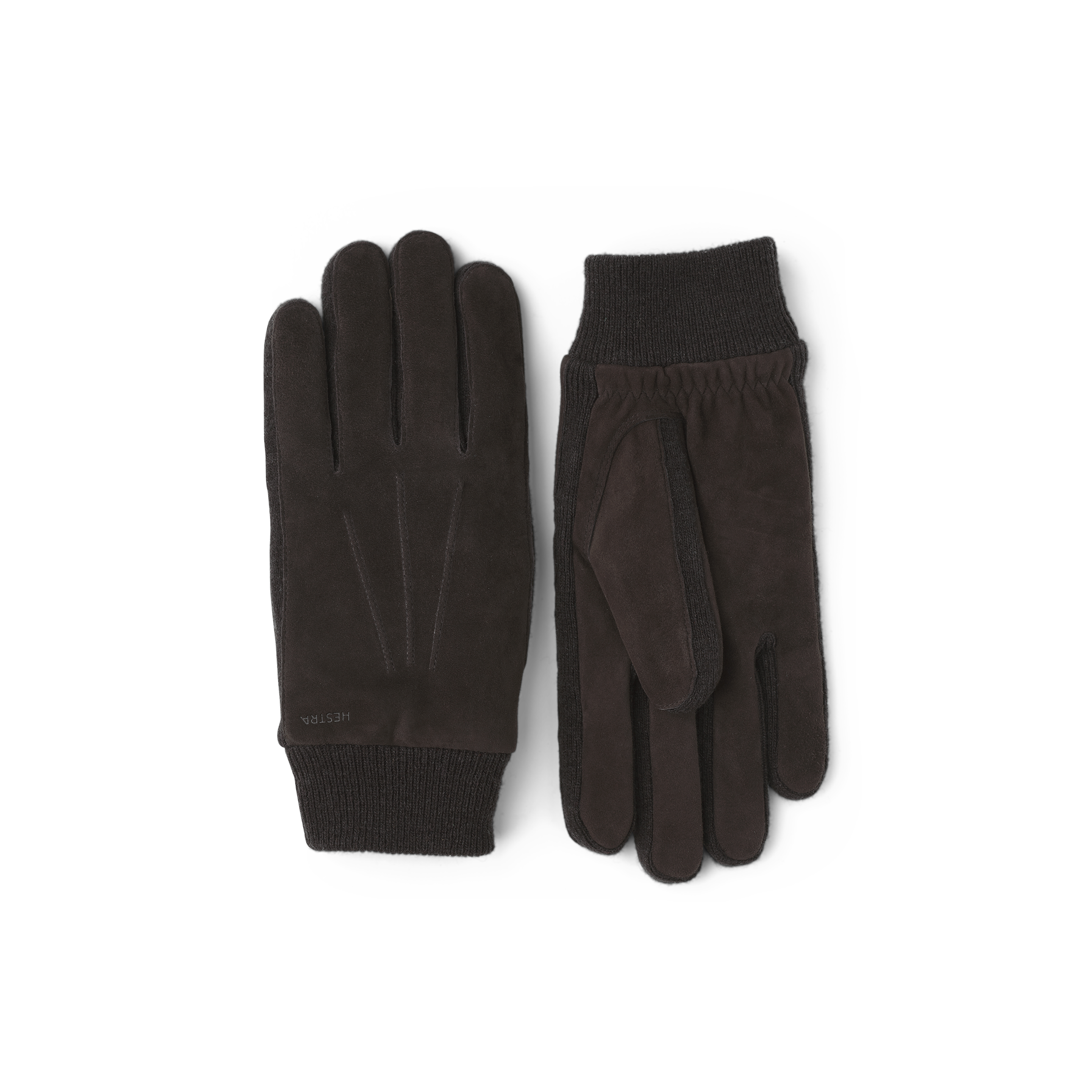 Dark brown machine-sewn suede glove with knitted cuff and sides
