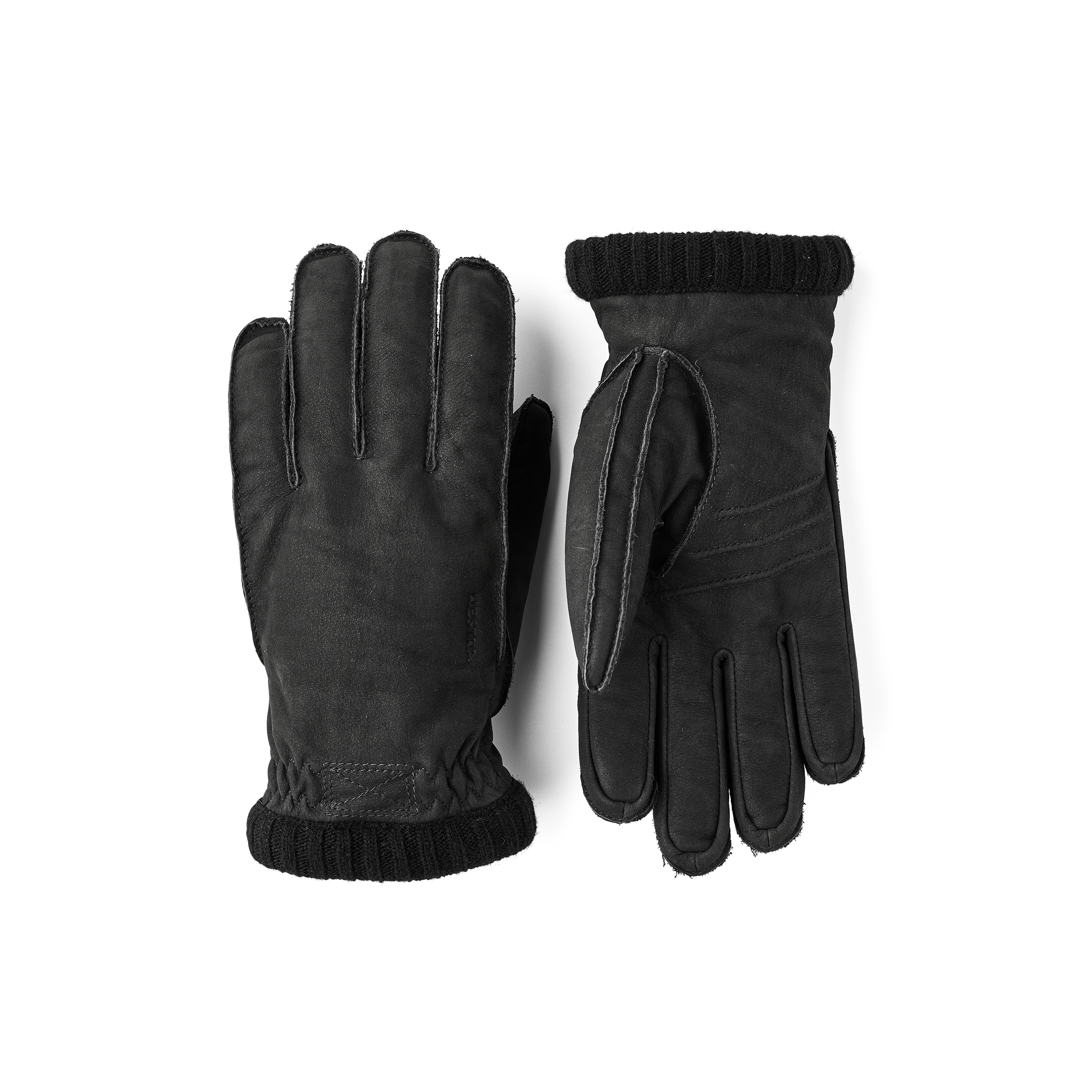 Black machine-sewn goat suede glove with knitted cuff