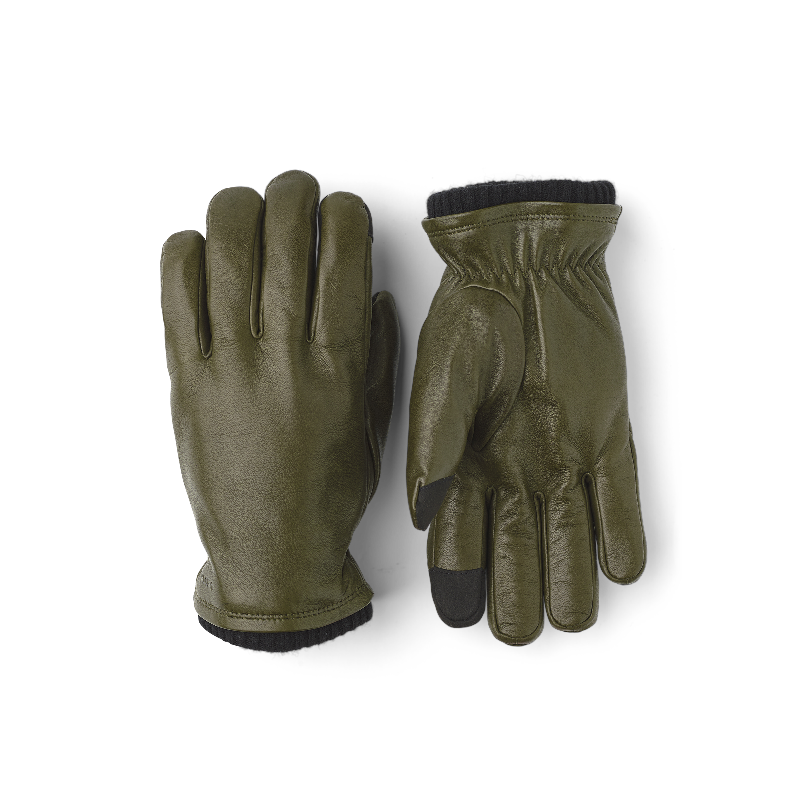 Moss green machine-sewn hairsheep leather glove with knitted cuff