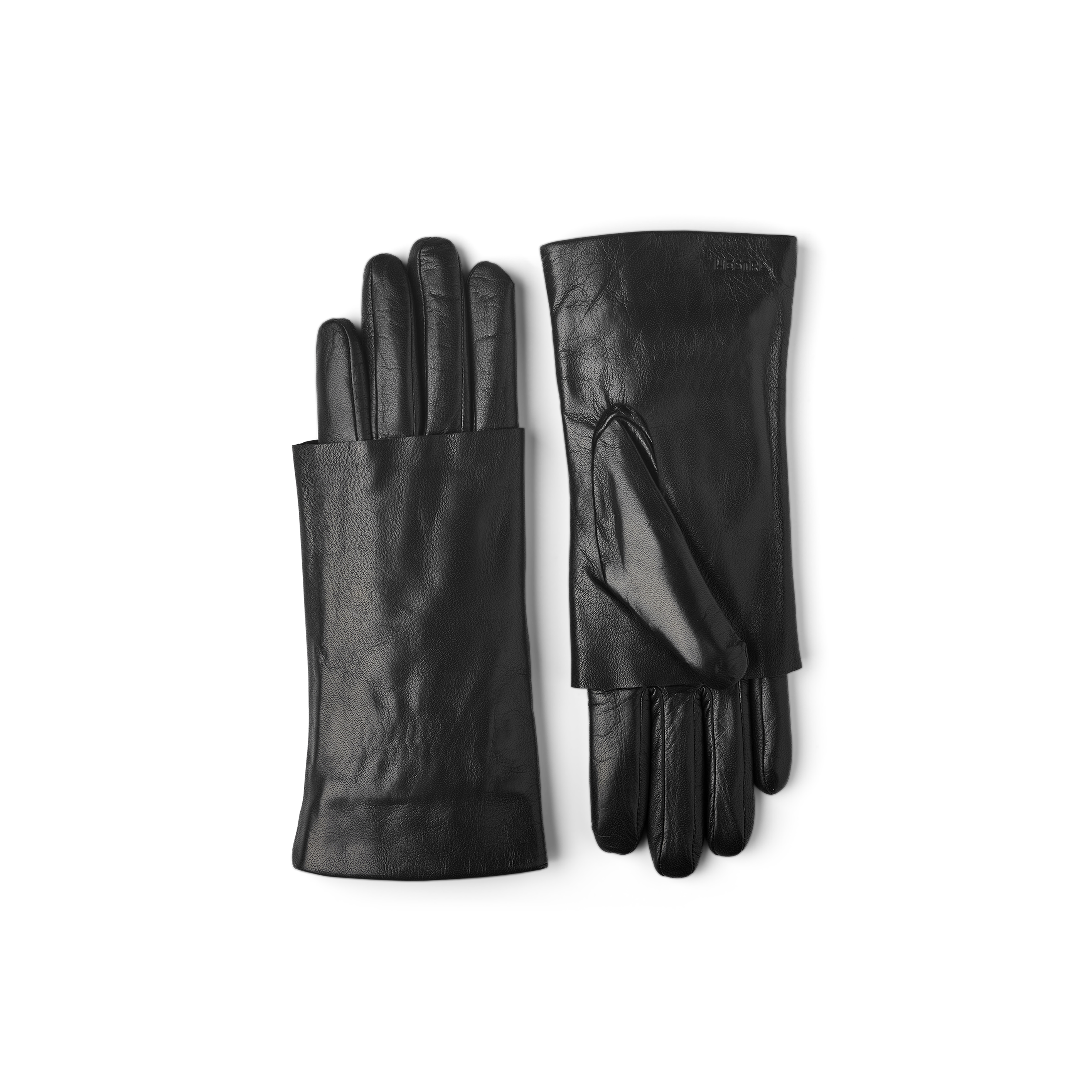 Black machine-sewn leather glove with folded ‘cape’