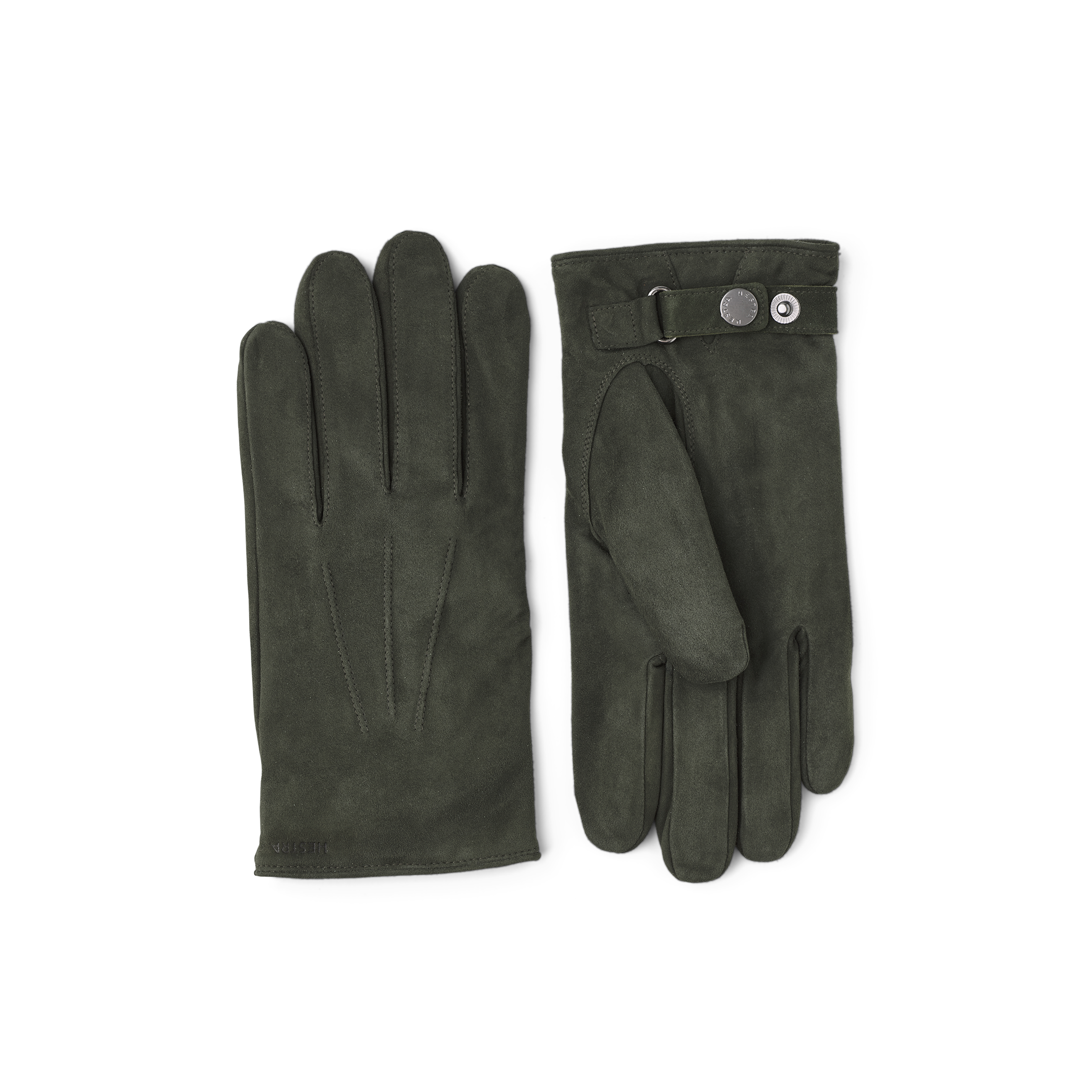 Dark green machine-sewn suede glove with leather strap and button