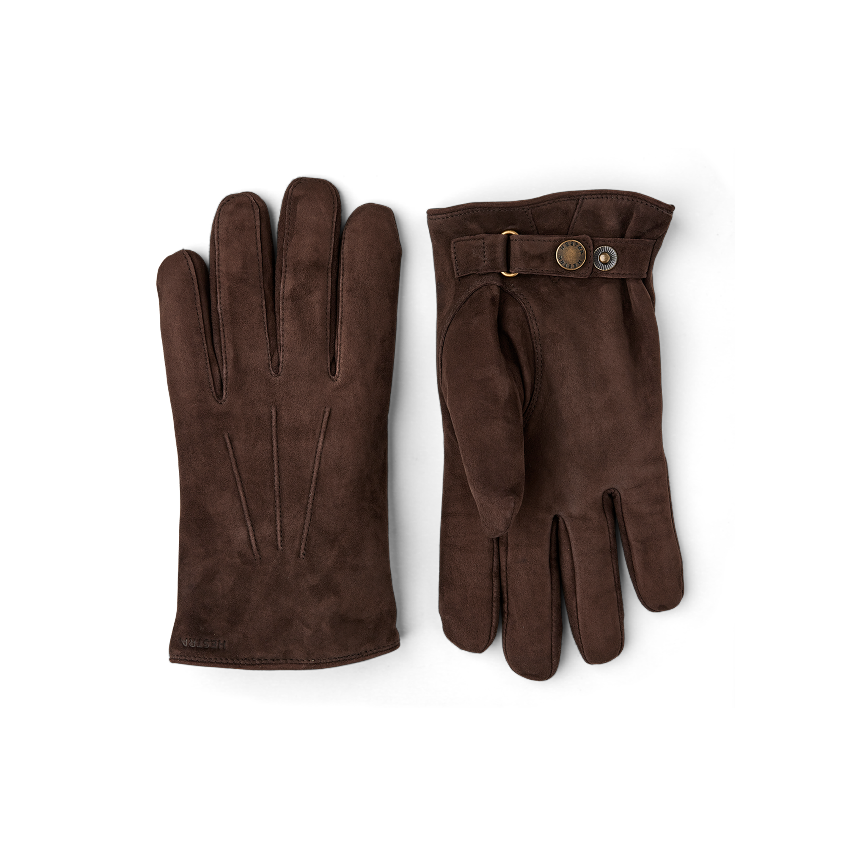 Dark brown machine-sewn suede glove with leather strap and button