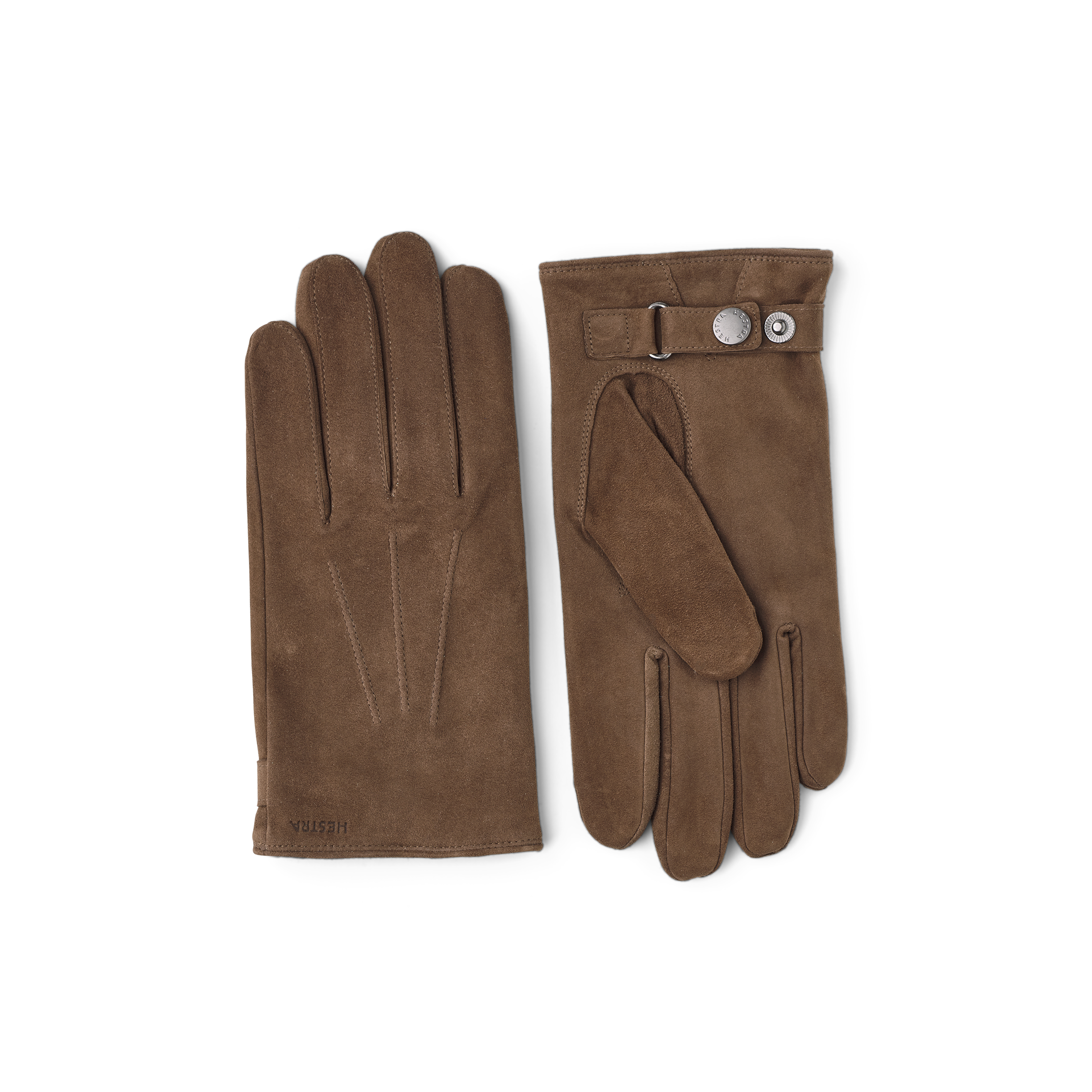 Light brown machine-sewn suede glove with leather strap and button