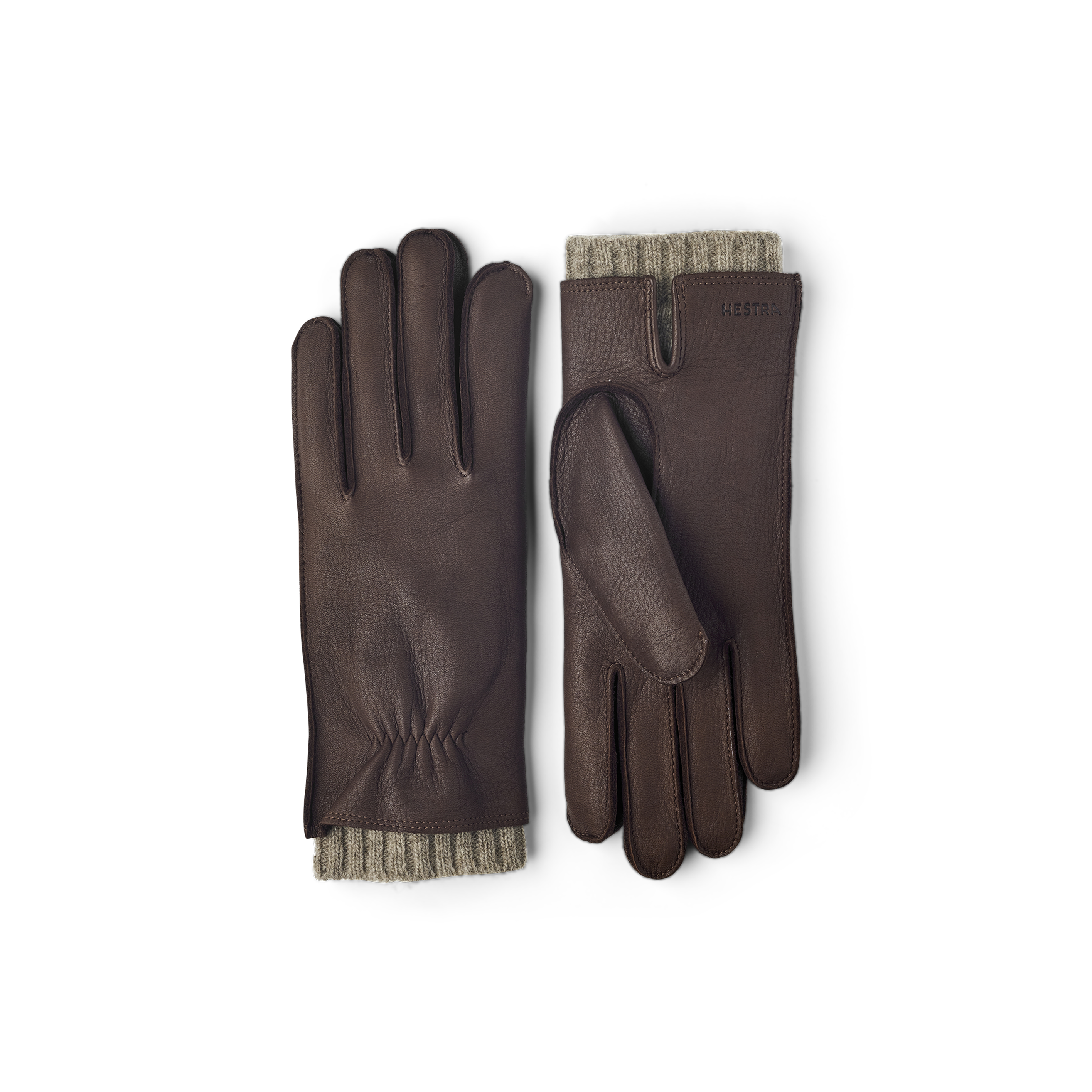 Brown machine-sewn deerskin glove with beige extended wool lining