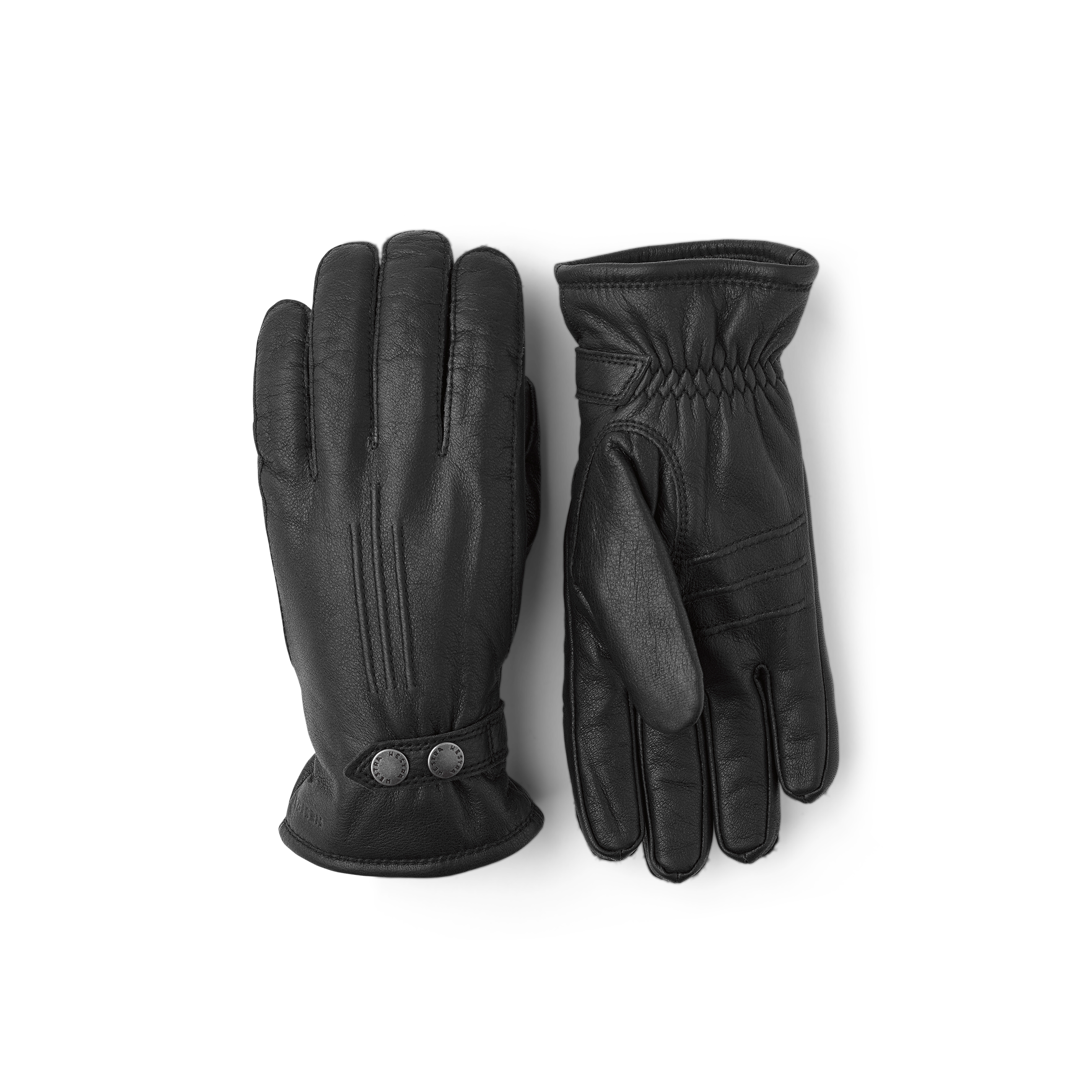 Black machine-sewn elk leather glove with leather strap and button