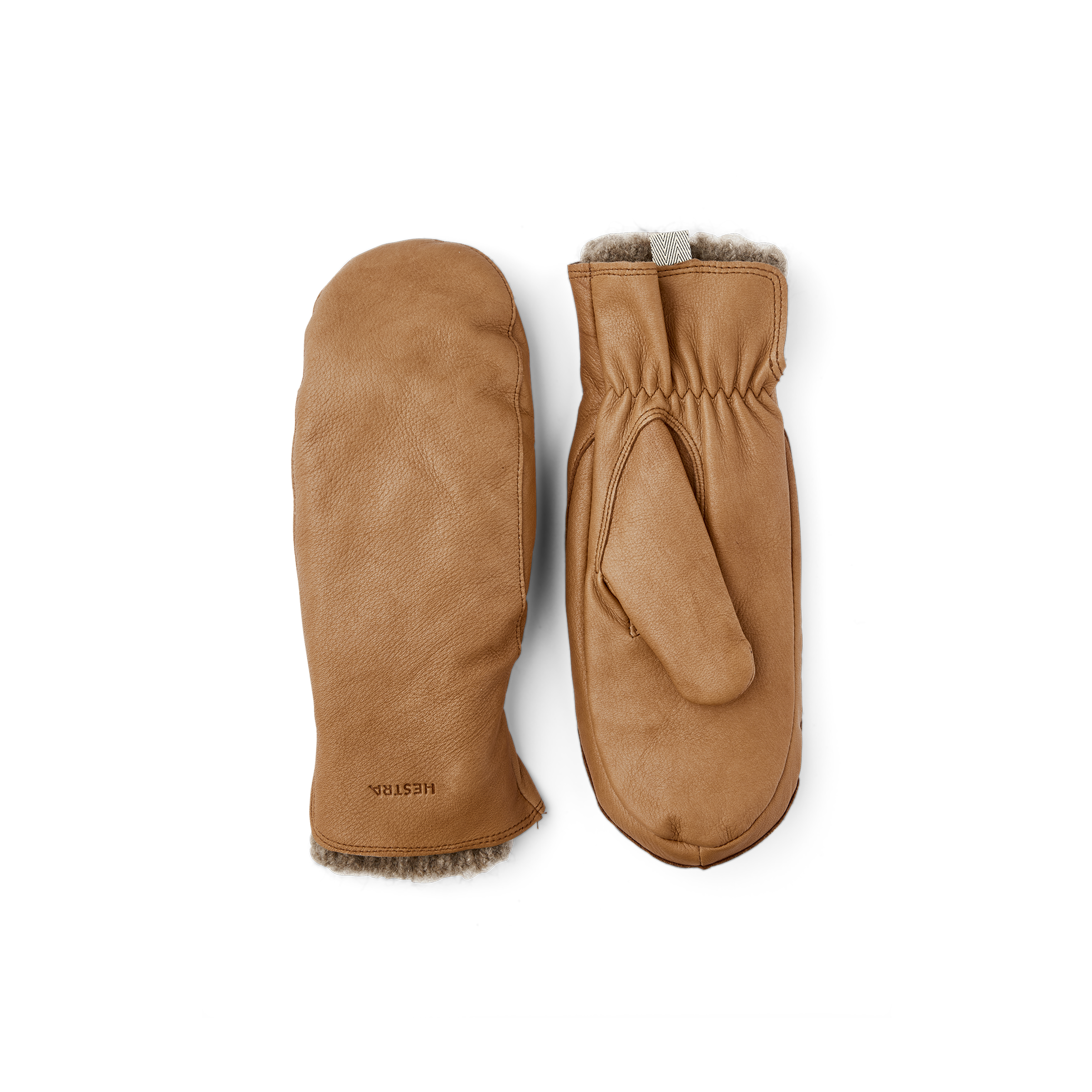 Light brown deerskin mitten with extended wool lining