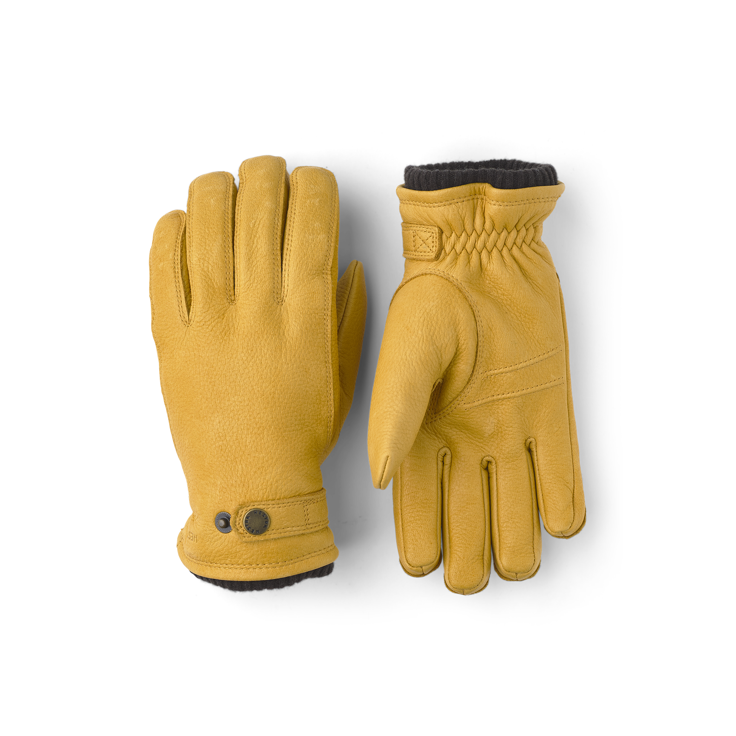 Yellow machine-sewn elk leather glove with leather strap and button