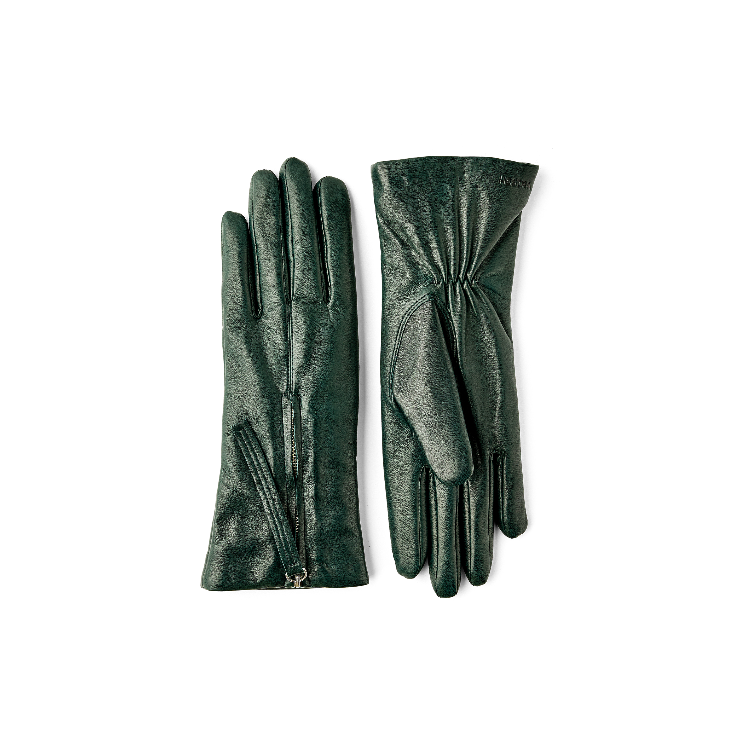 Dark green machine-sewn hairsheep leather glove with zip