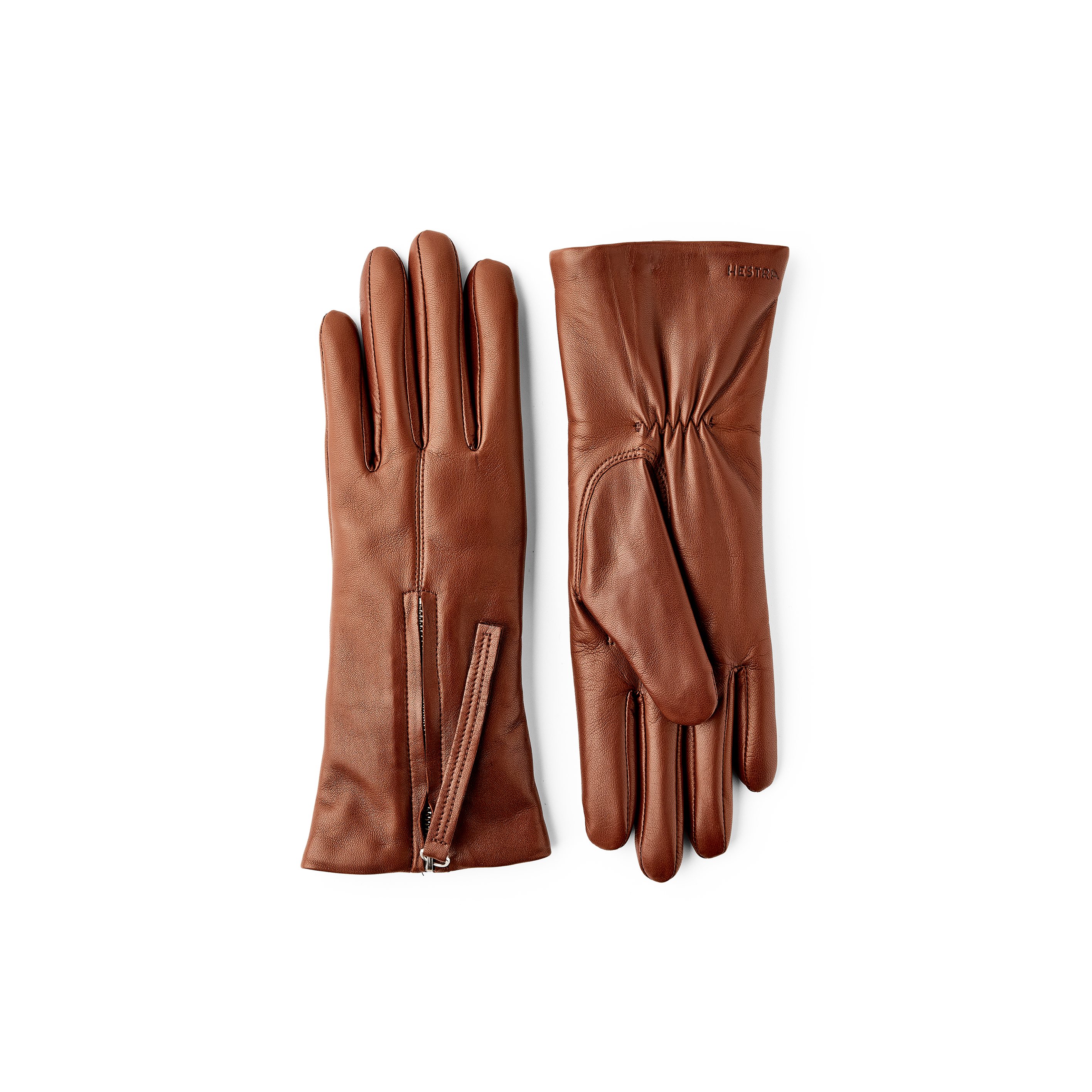 Medium brown machine-sewn hairsheep leather glove with zip