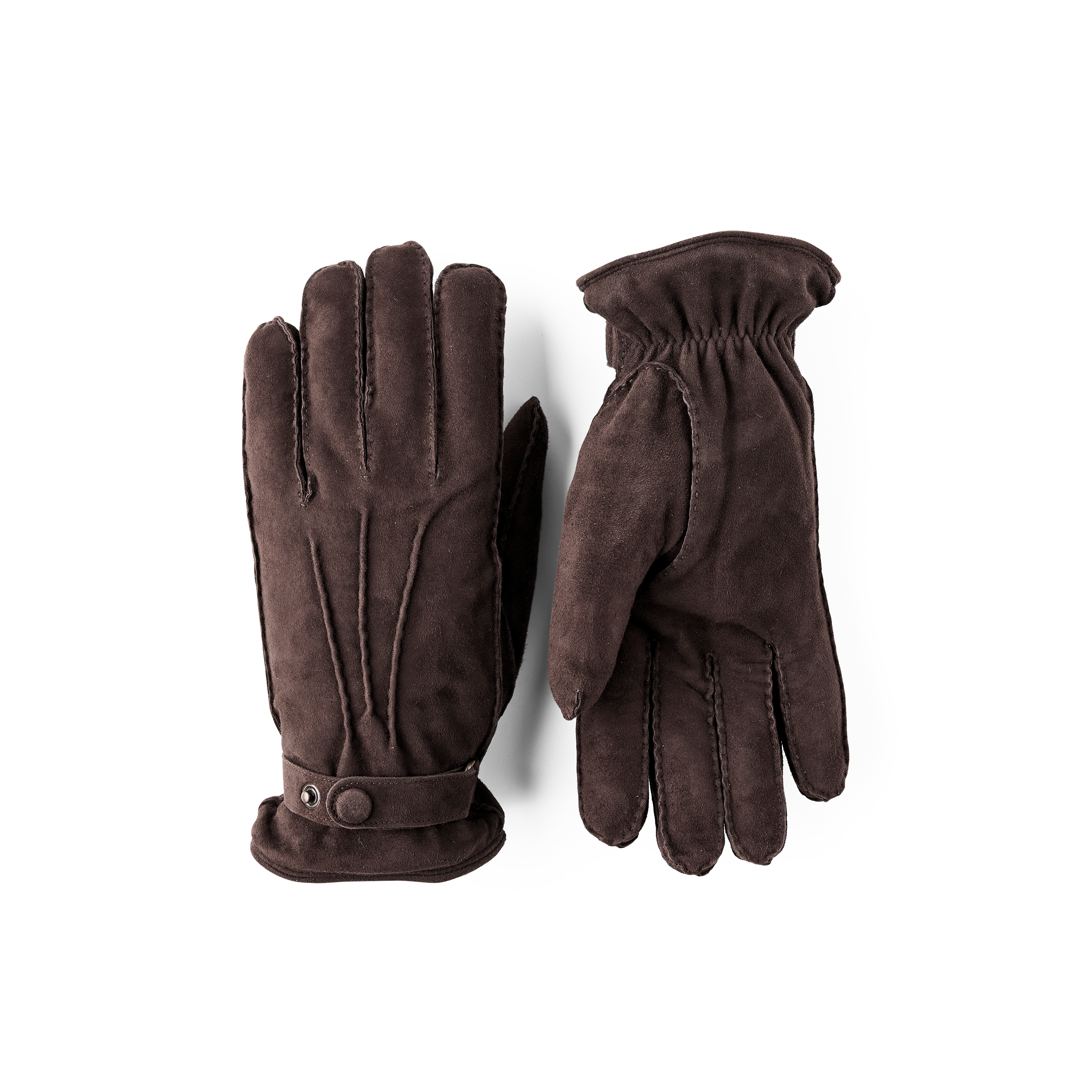 Dark brown hand-sewn suede glove with leather strap and button