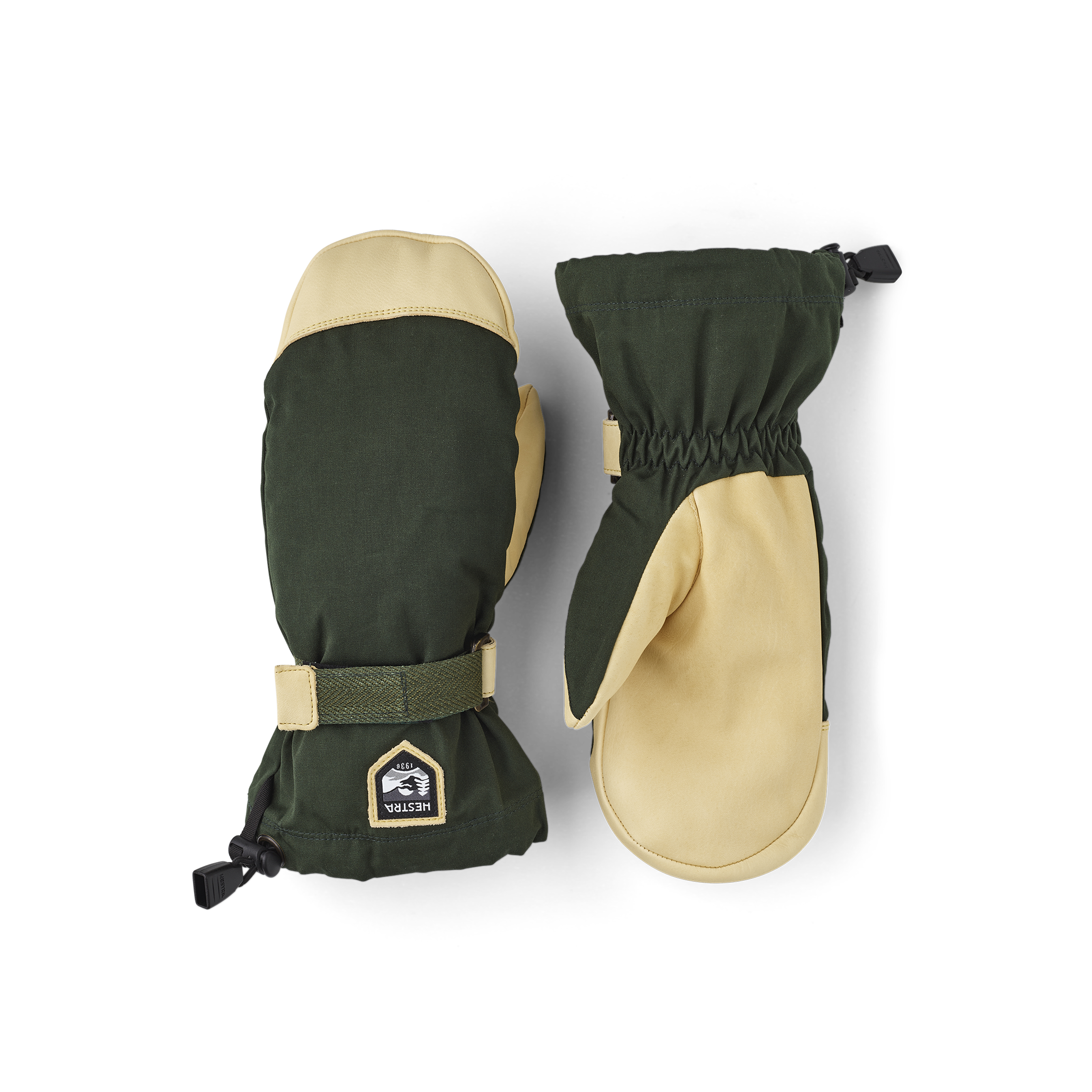 Dark green fabric mitten with light yellow cow hide palm