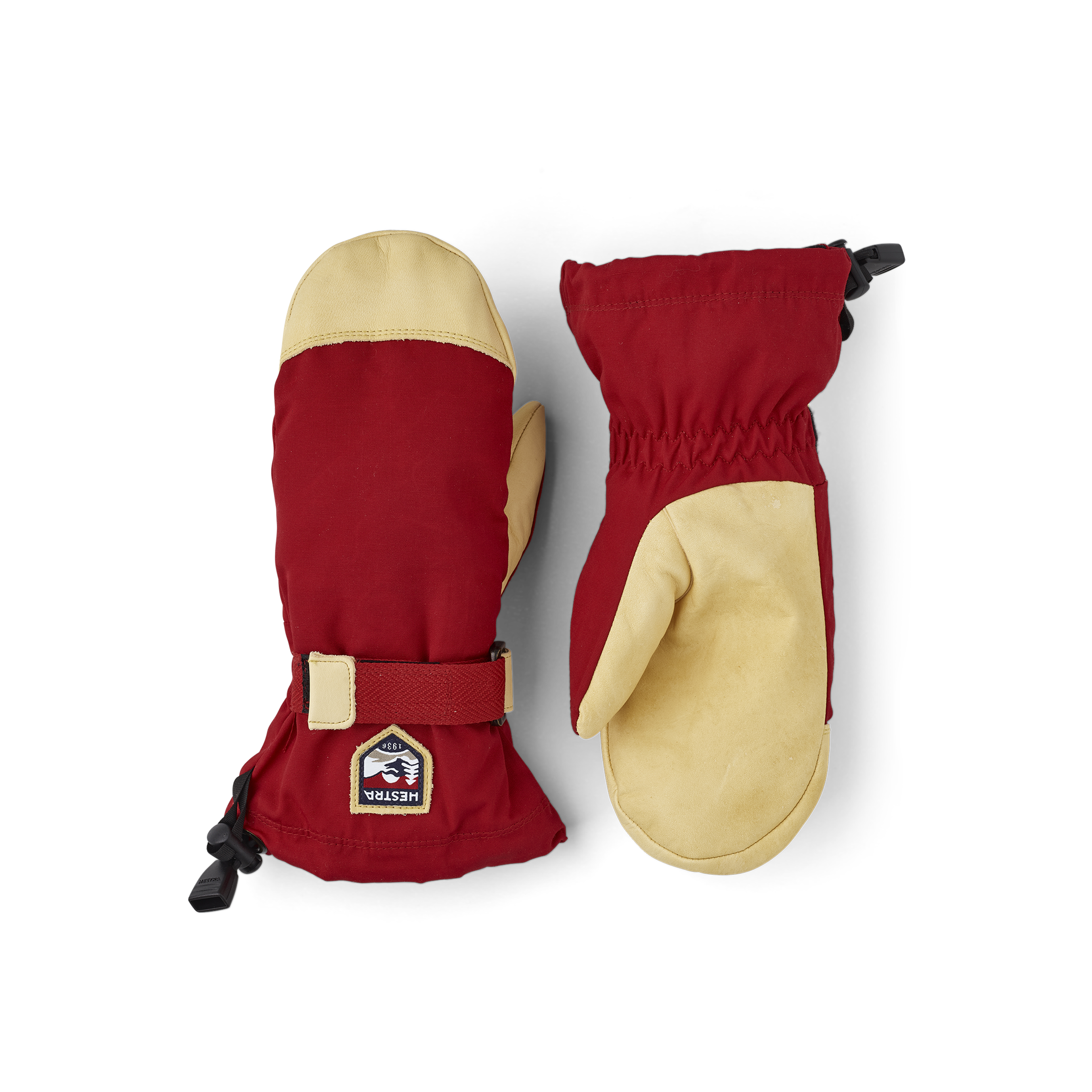 Red fabric mitten with light yellow cow hide palm