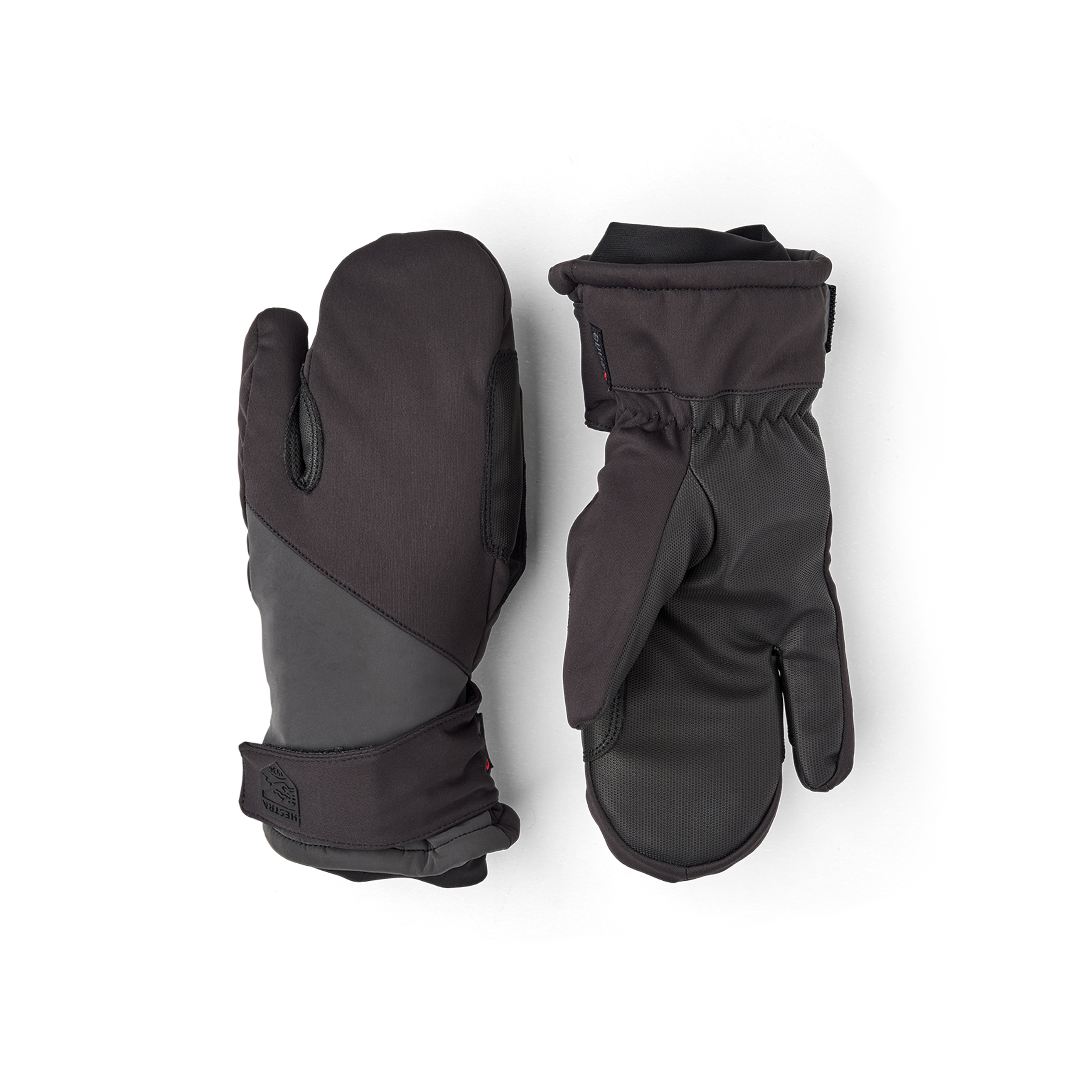 Black fabric three finger glove with synthetic suede palm