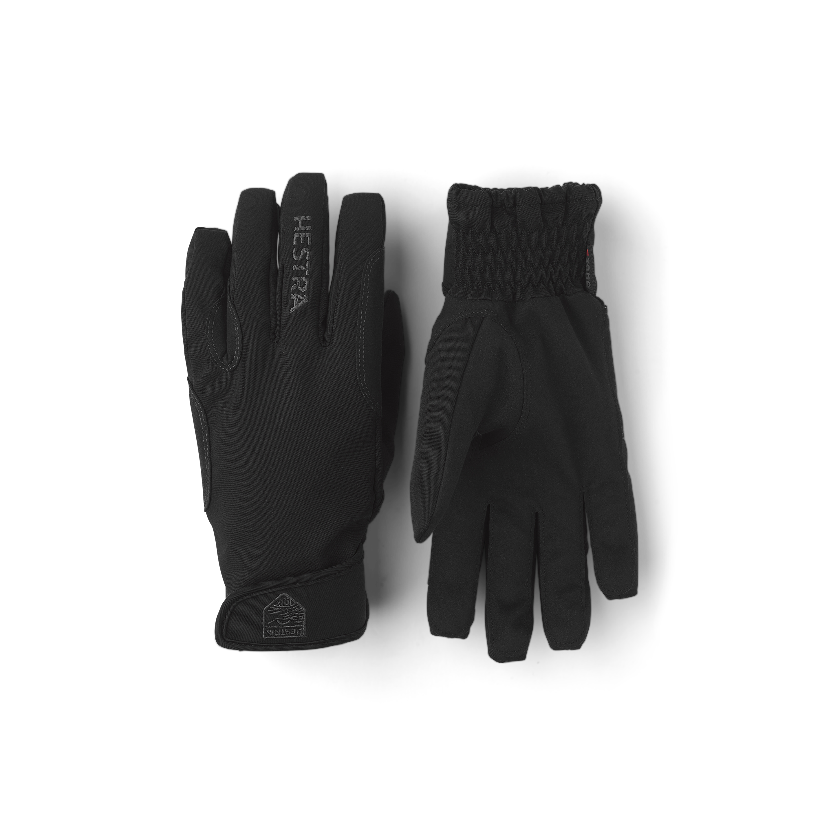 Black fabric riding glove with synthetic suede palm