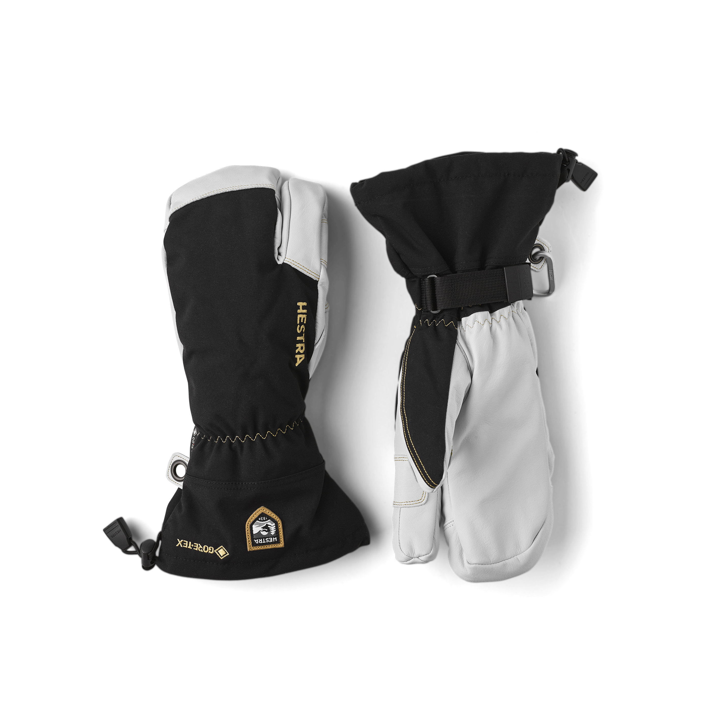 Black three finger glove with white goat leather palm and wrist adjustment