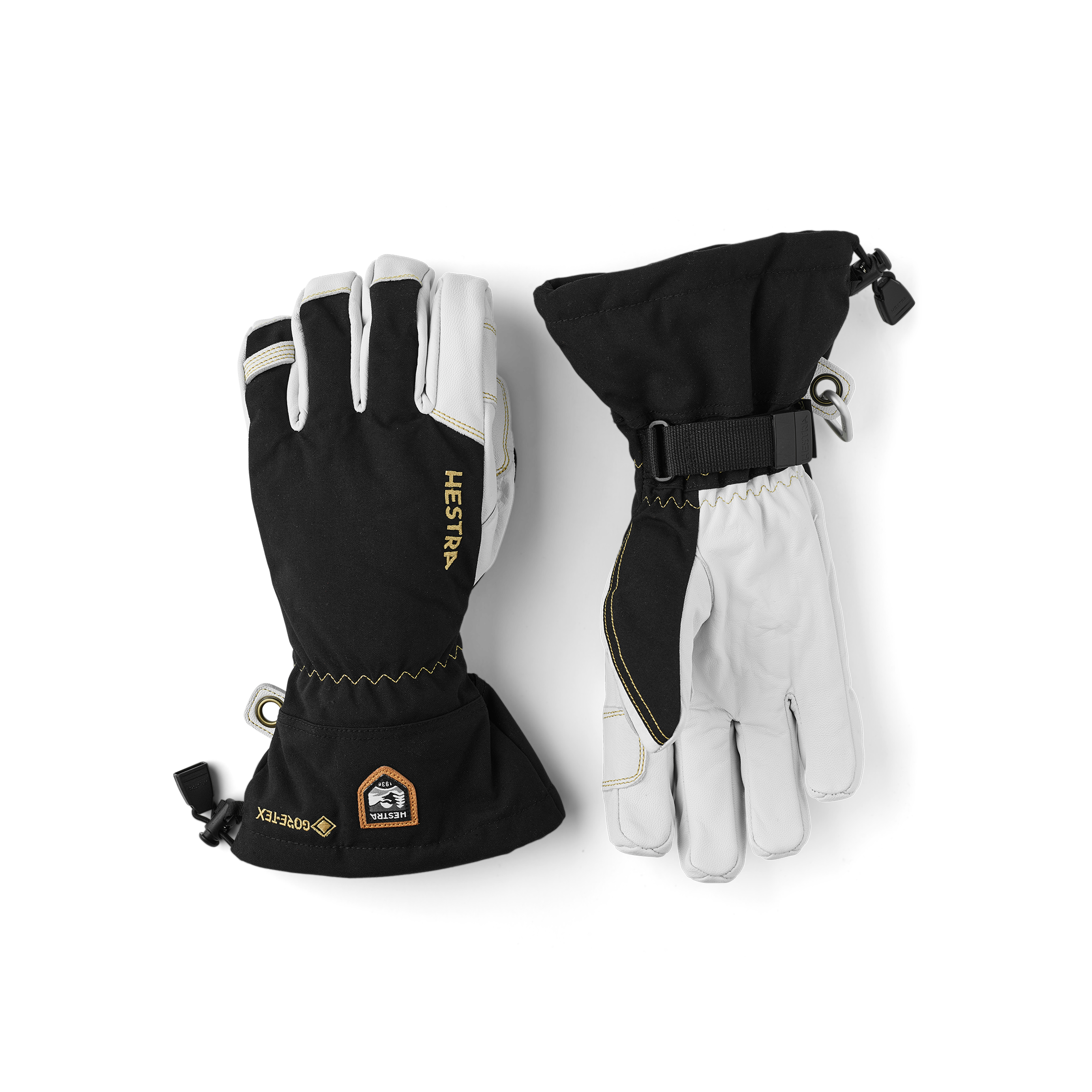 Black ski glove with white goat leather palm and wrist adjustment