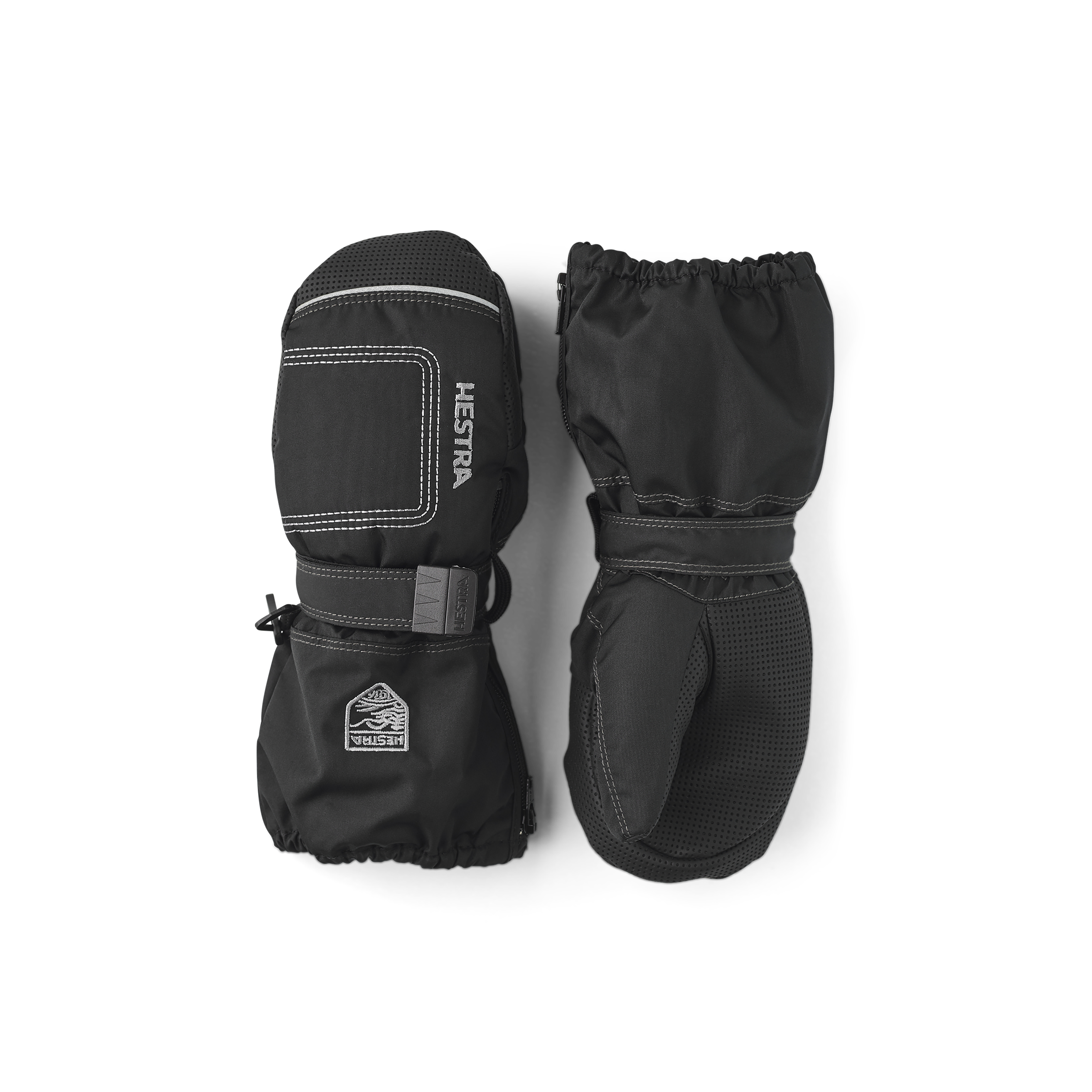 Black fabric mitten with palm and wrist adjustment
