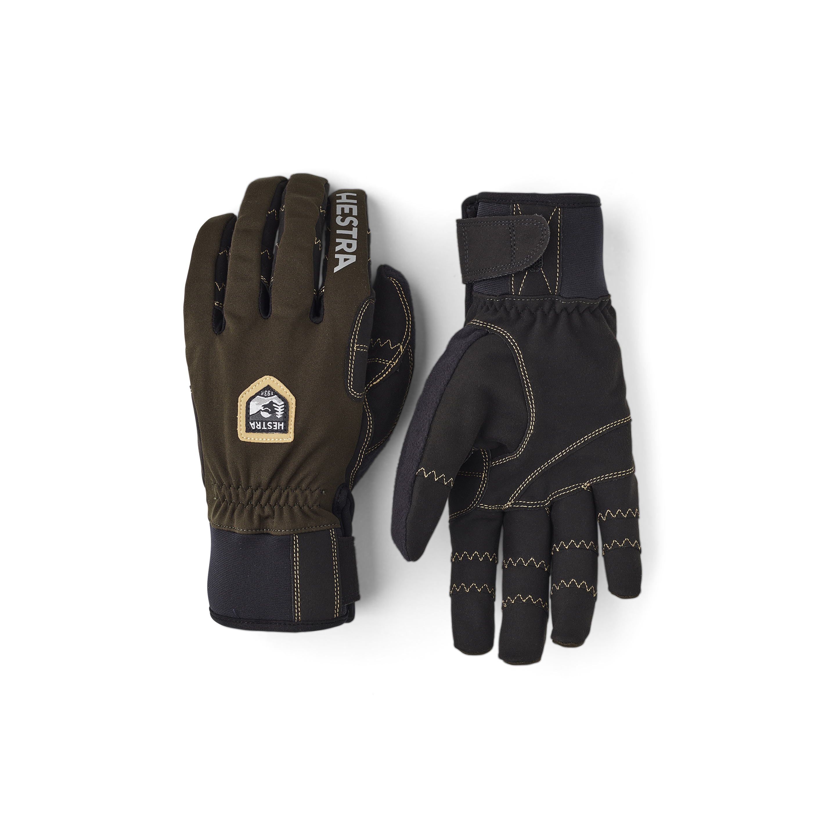 Dark green fabric biathlon glove with black synthetic suede palm