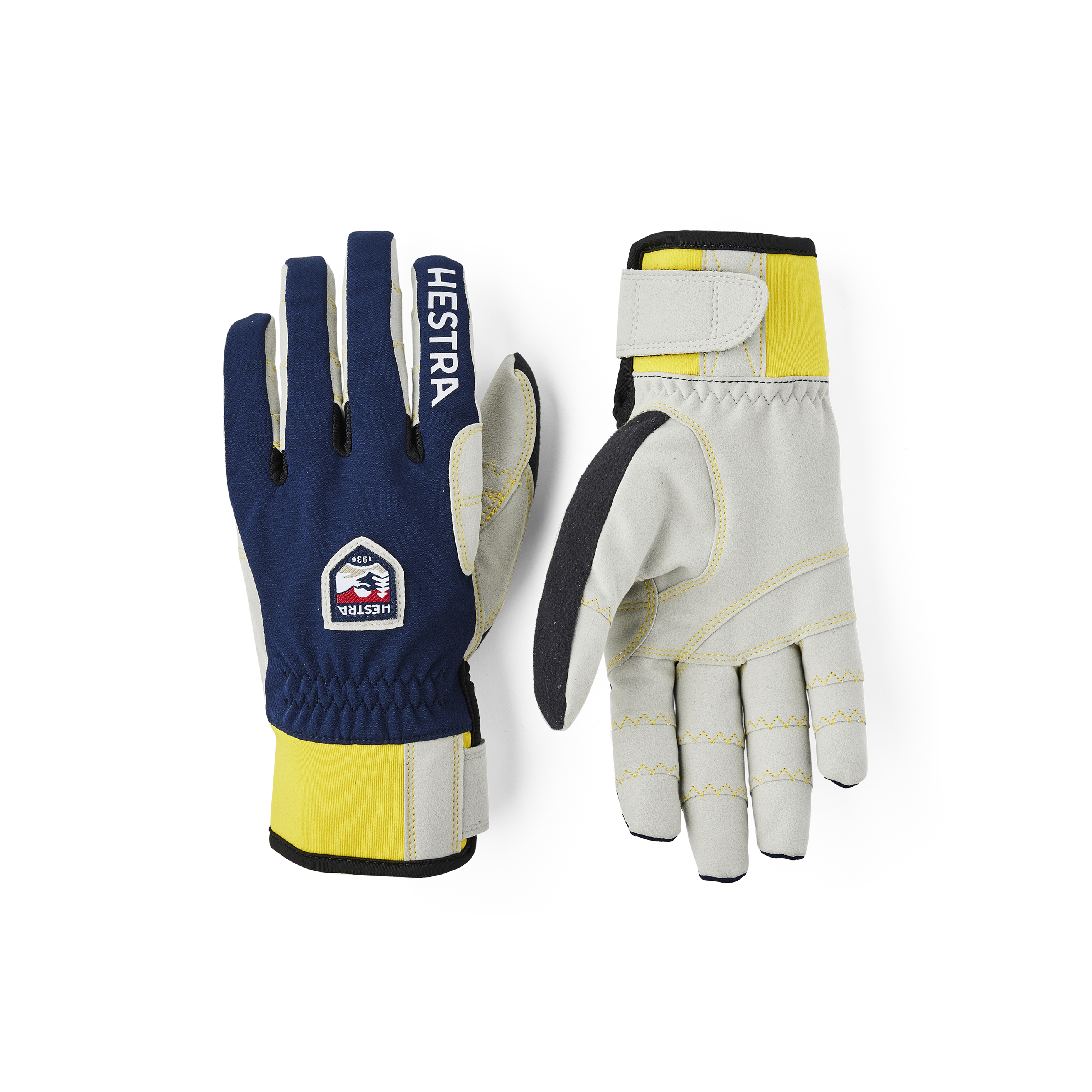 Dark blue fabric biathlon glove with gray synthetic suede palm