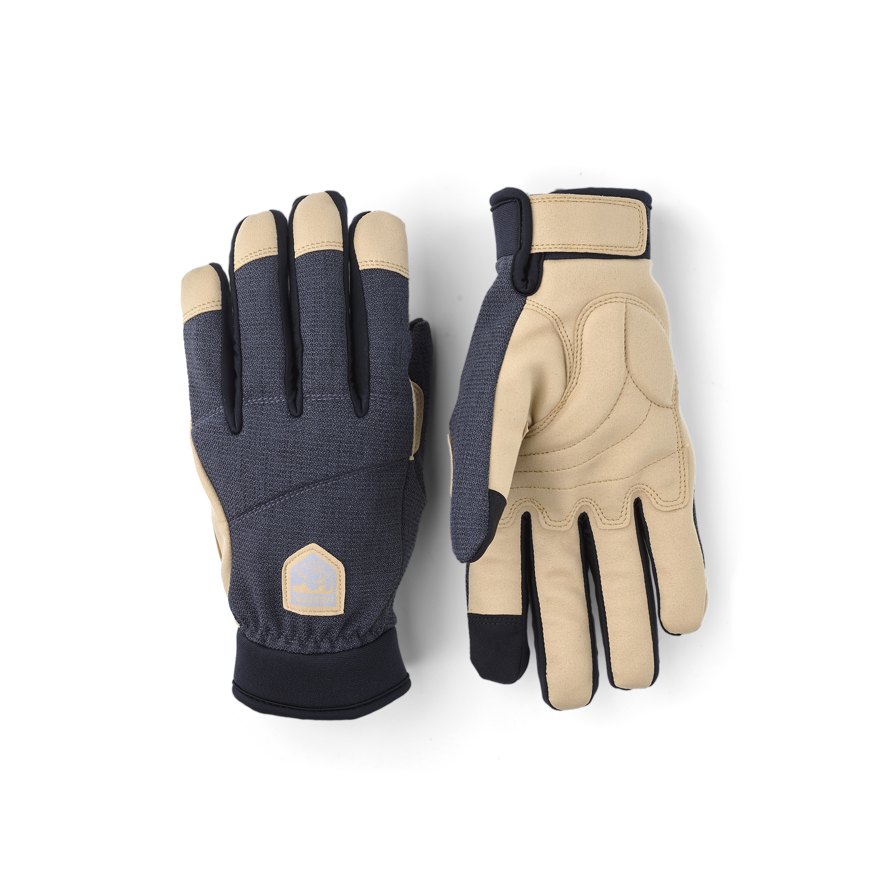 Dark blue fabric cycling glove with beige synthetic suede palm