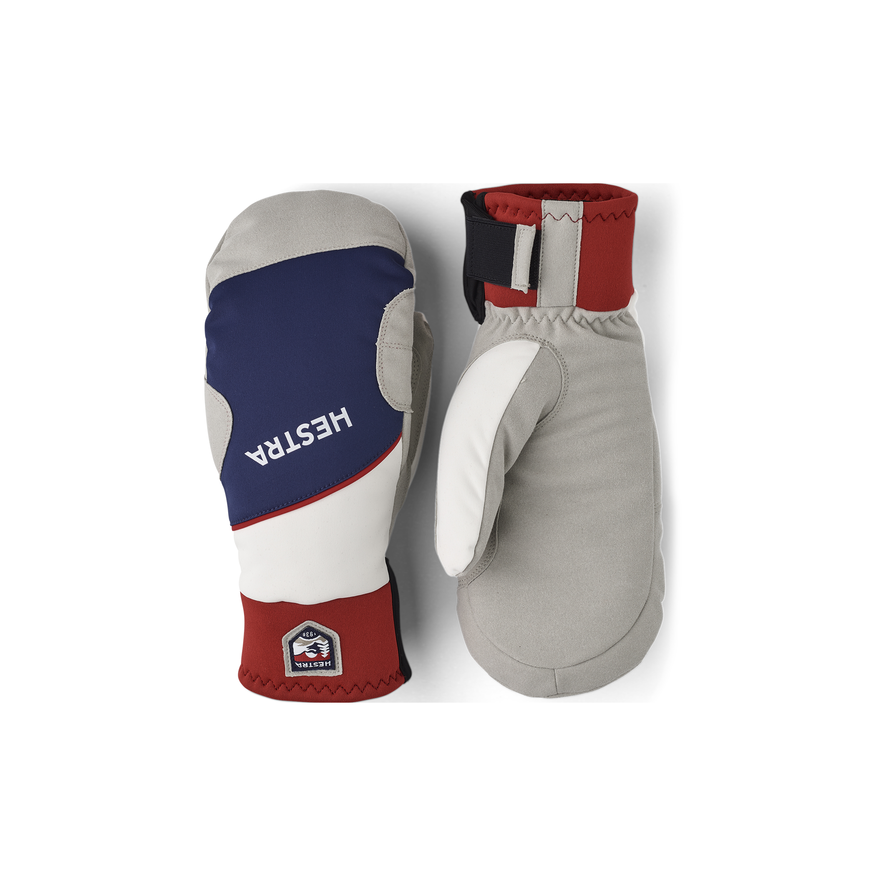 Blue and red fabric mitten with gray synthetic suede palm