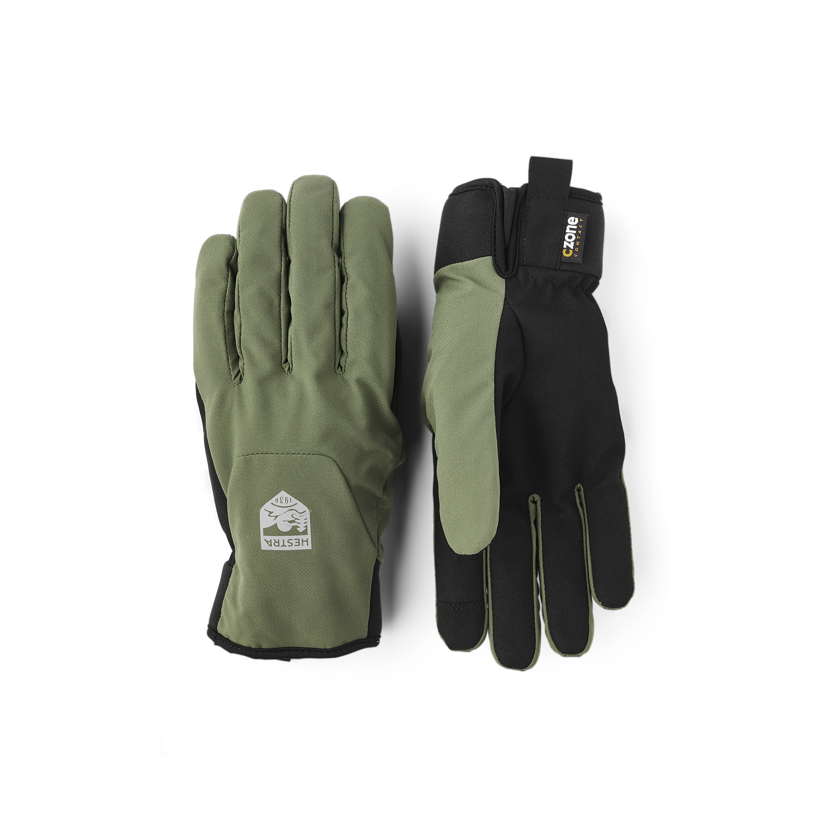 Moss green fabric cycling glove with black synthetic suede palm