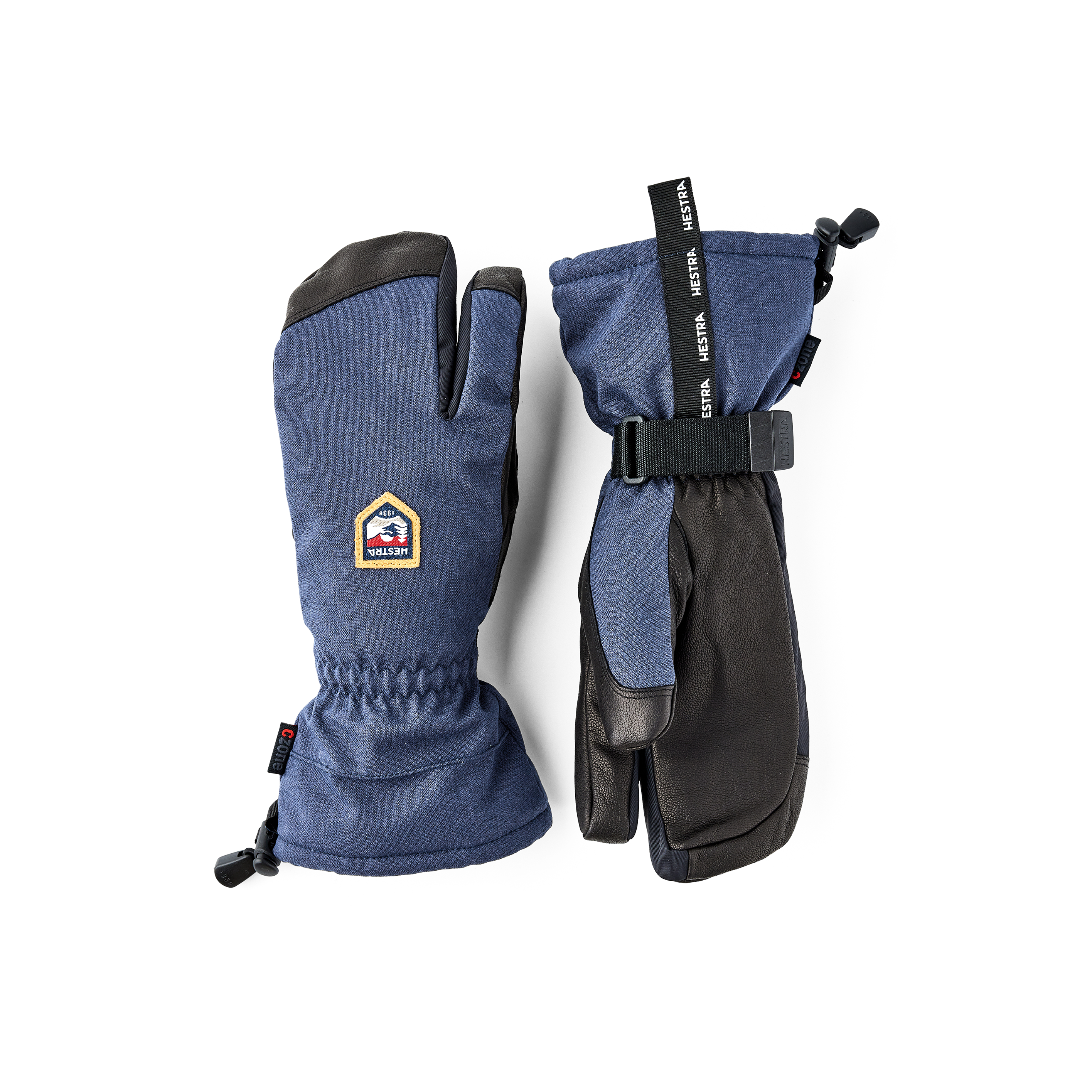 Dark blue three finger glove with black goat leather palm and wrist adjustment