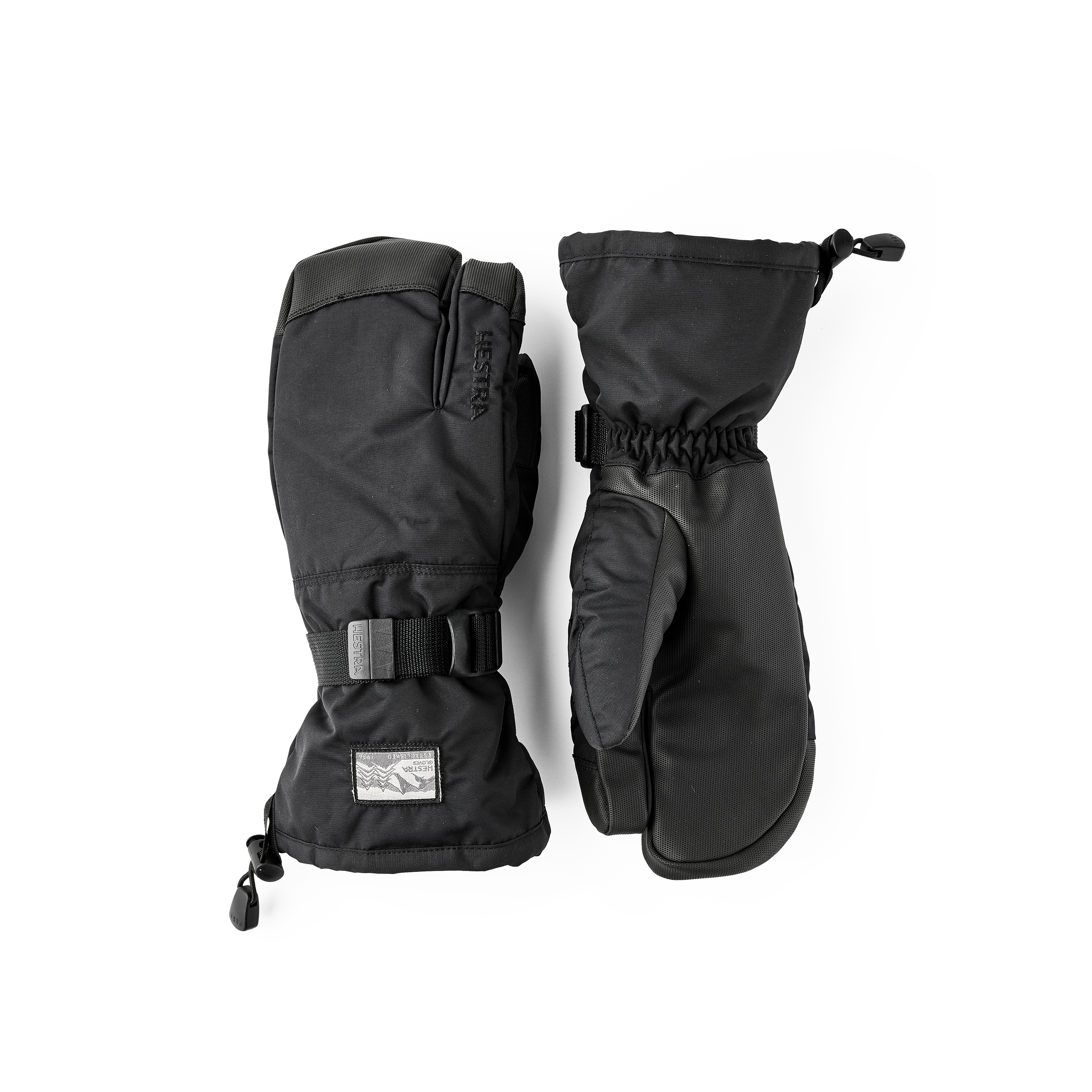 Black fabric three finger glove with synthetic palm